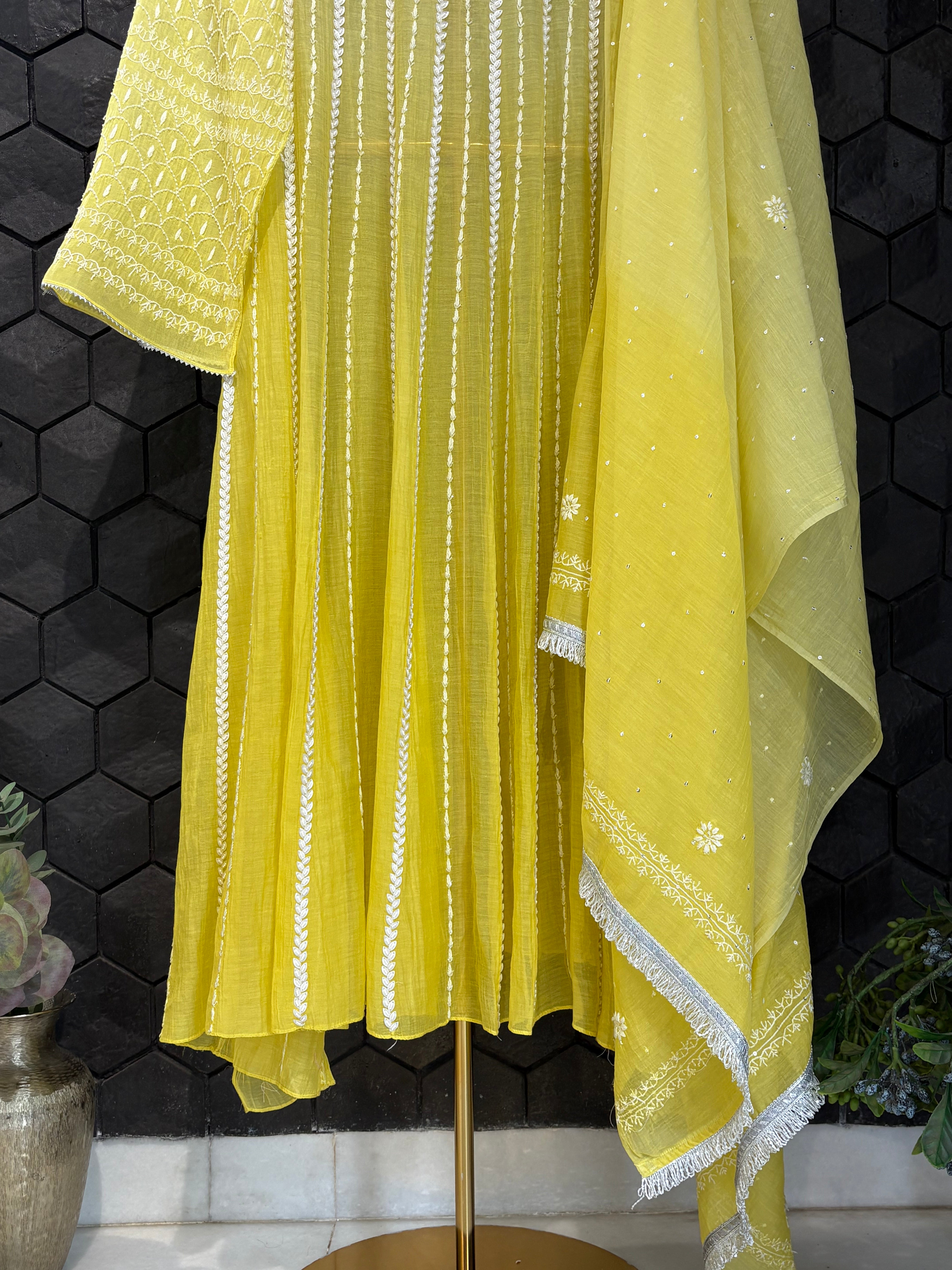 Lemon Yellow Mul Chanderi Anarkali Set
