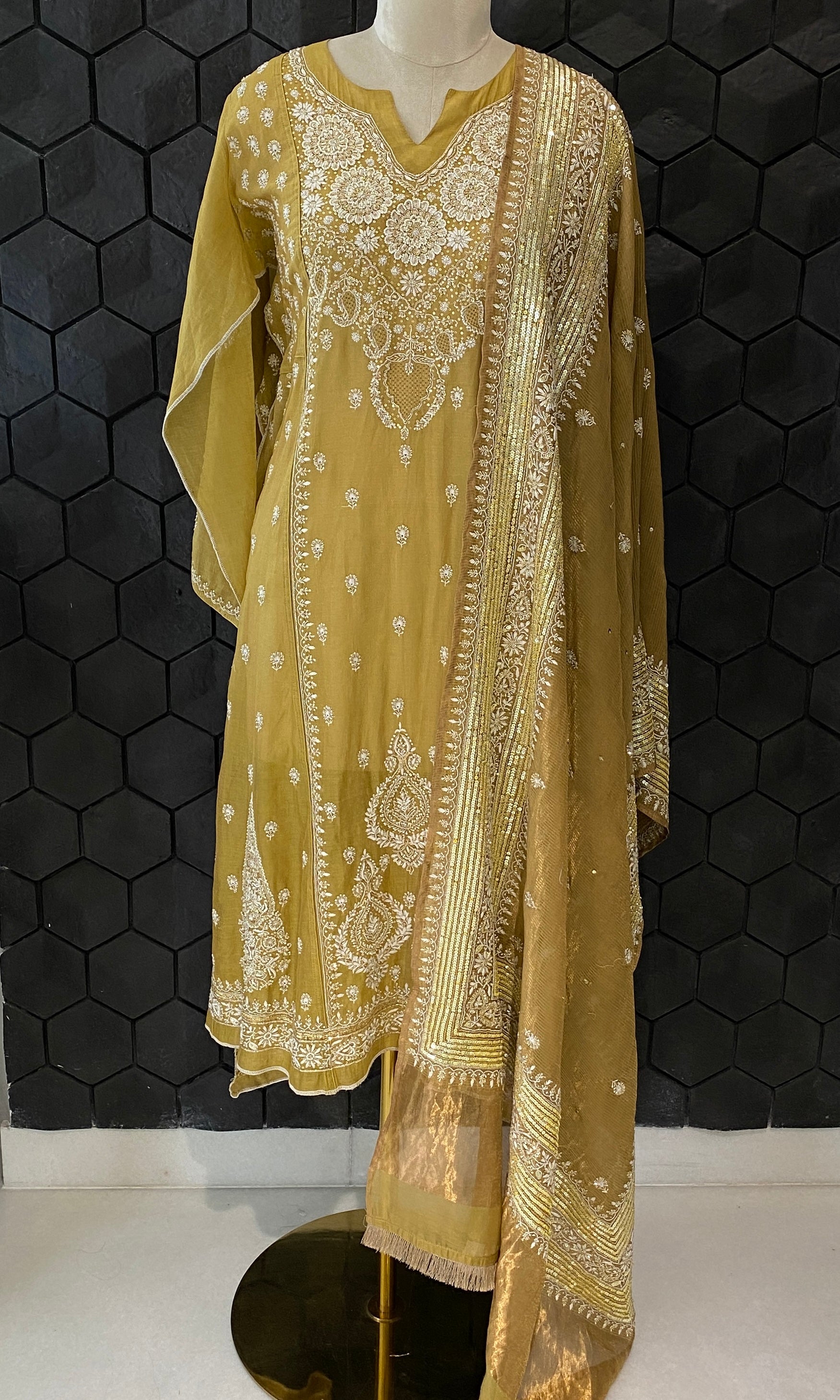 Olive green tissue chikanari Anarkali set