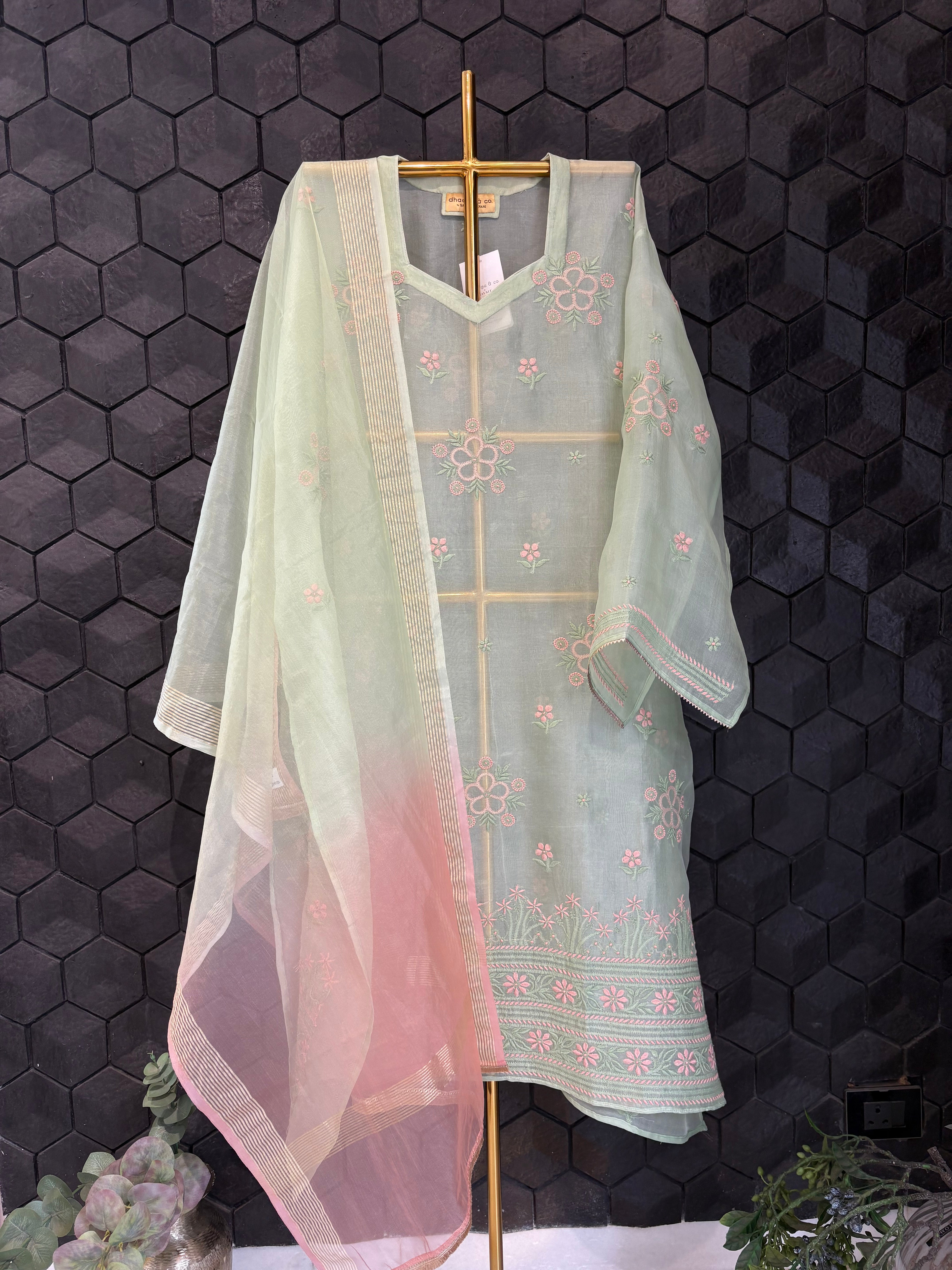 Pastel green organza Chikankari Kurta set