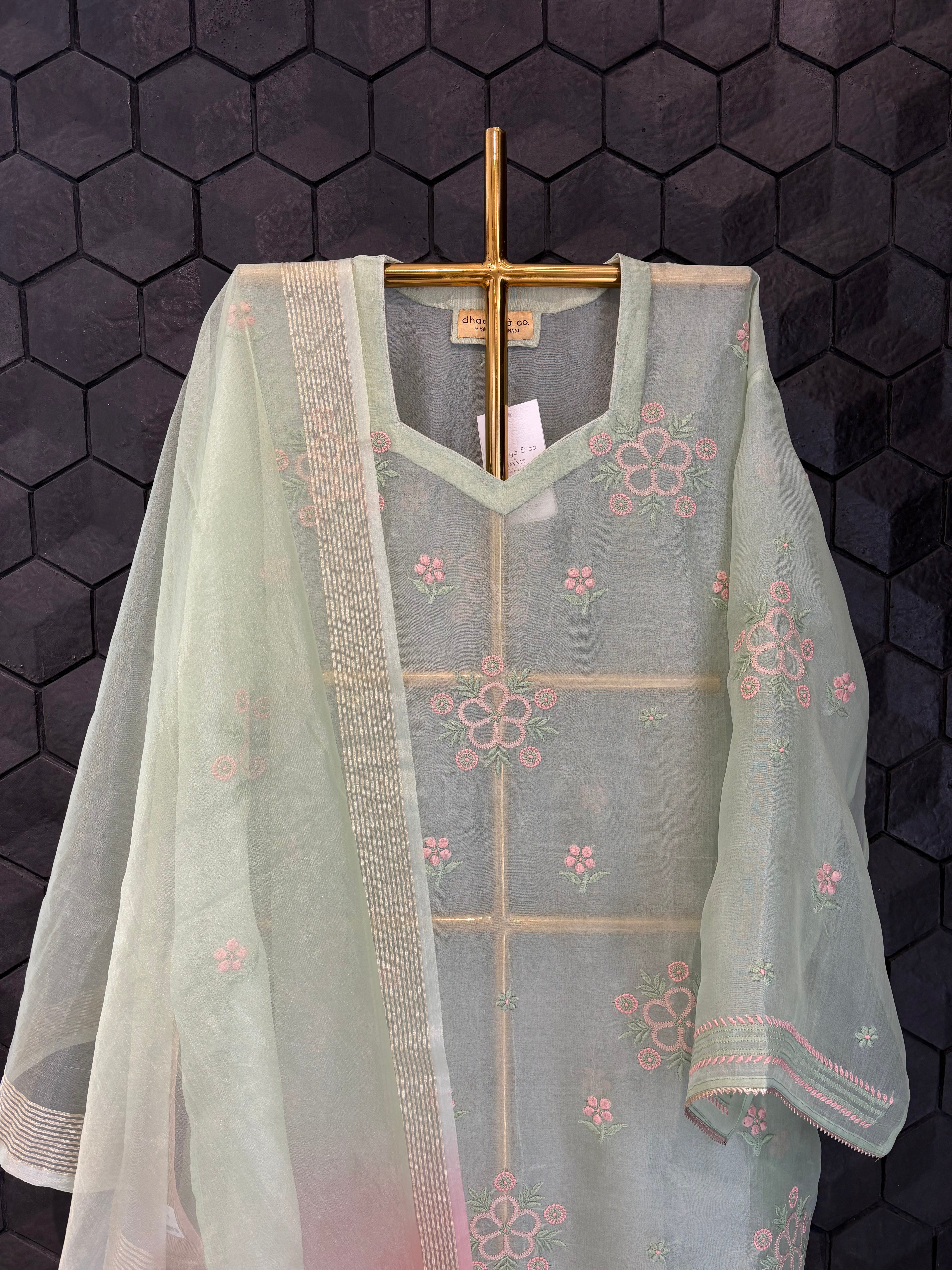 Pastel green organza Chikankari Kurta set