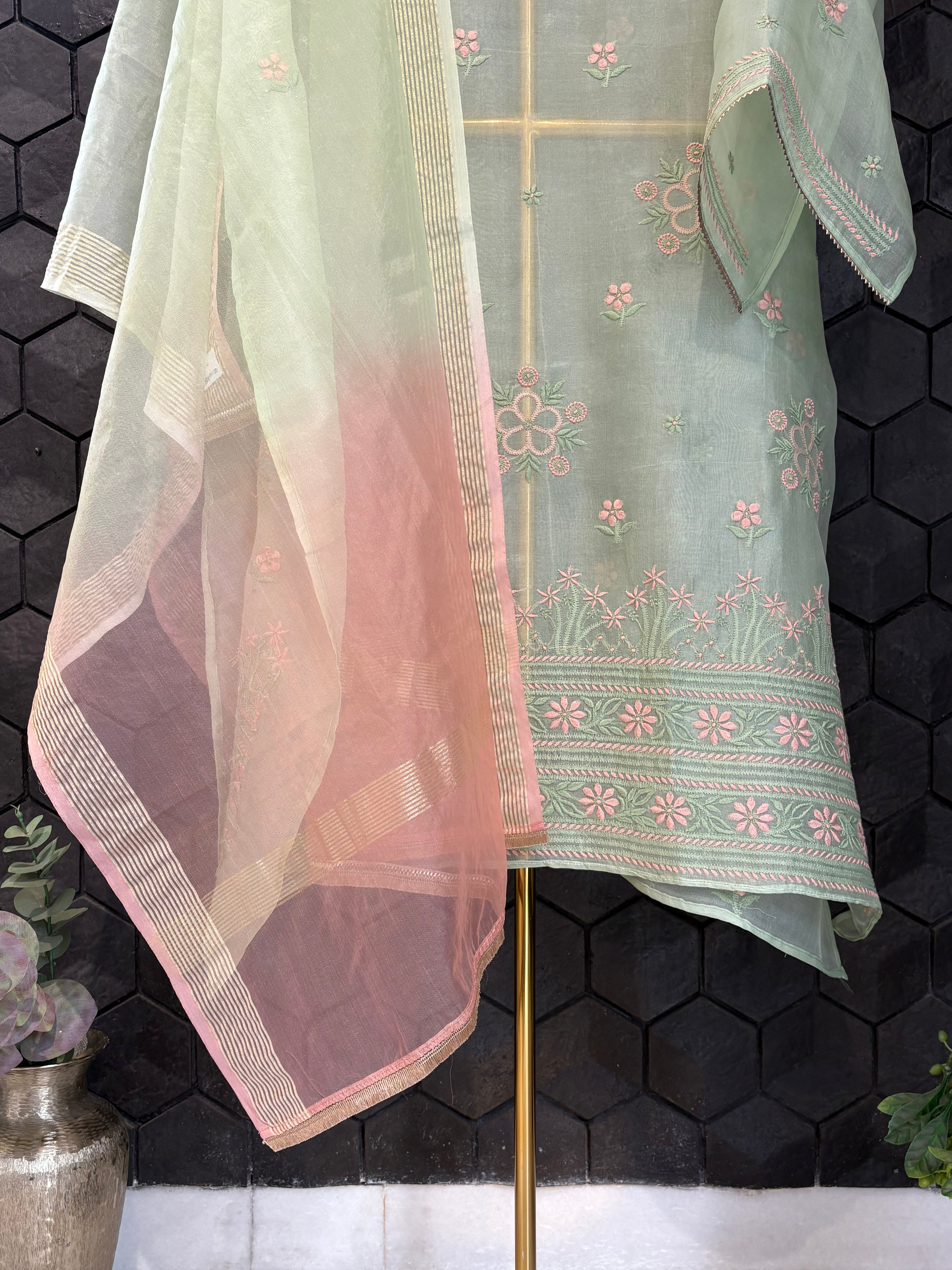 Pastel green organza Chikankari Kurta set
