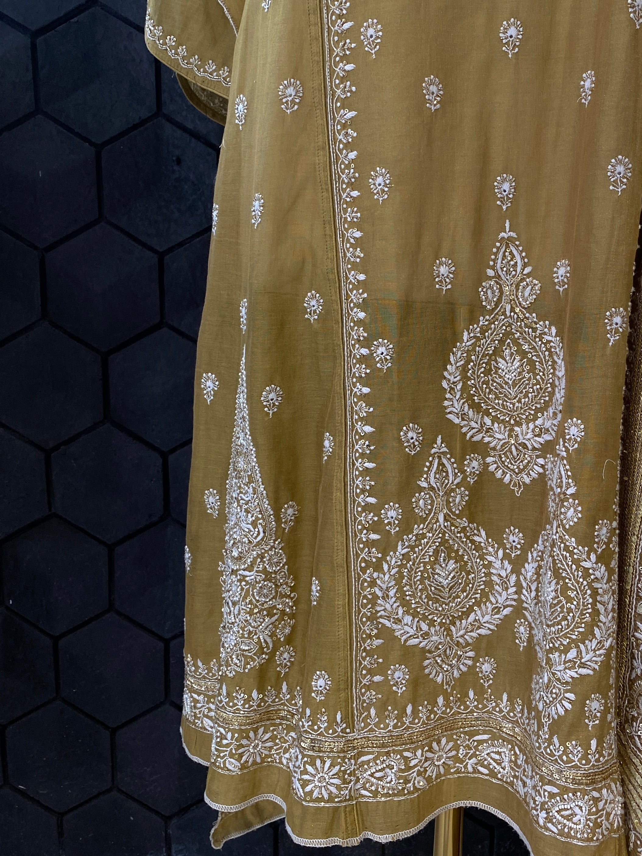 Olive green tissue chikanari Anarkali set