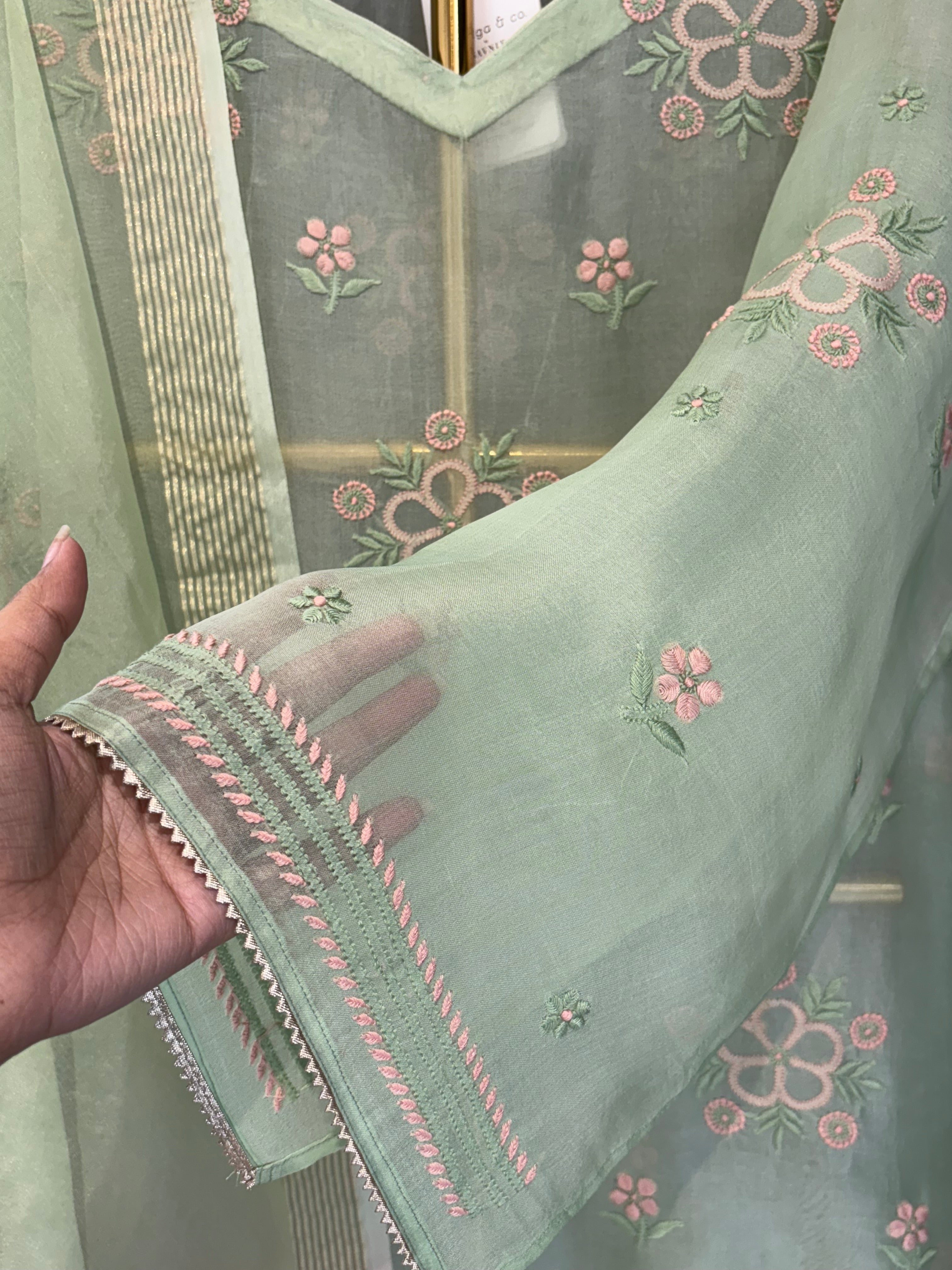Pastel green organza Chikankari Kurta set