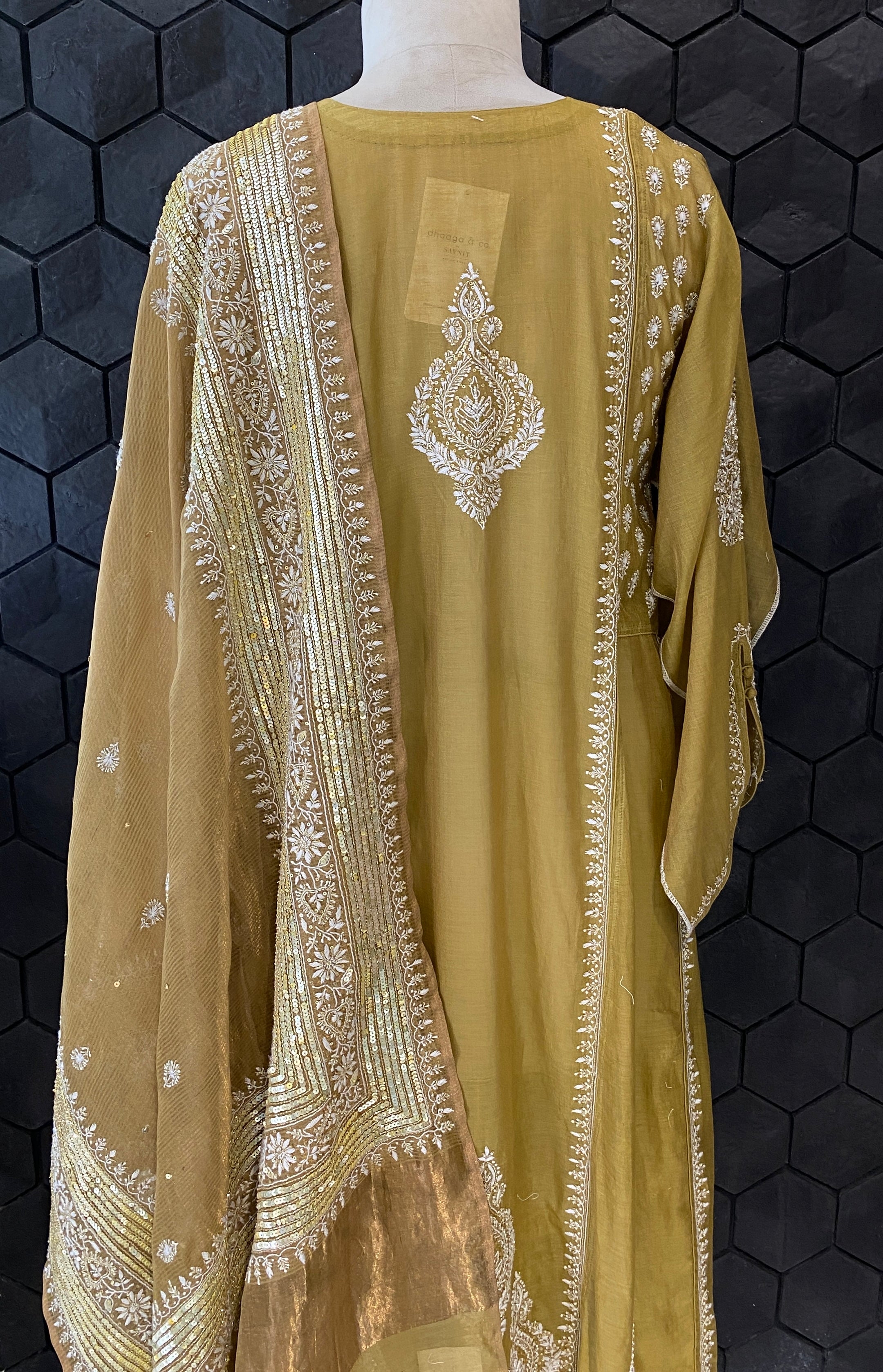 Olive green tissue chikanari Anarkali set