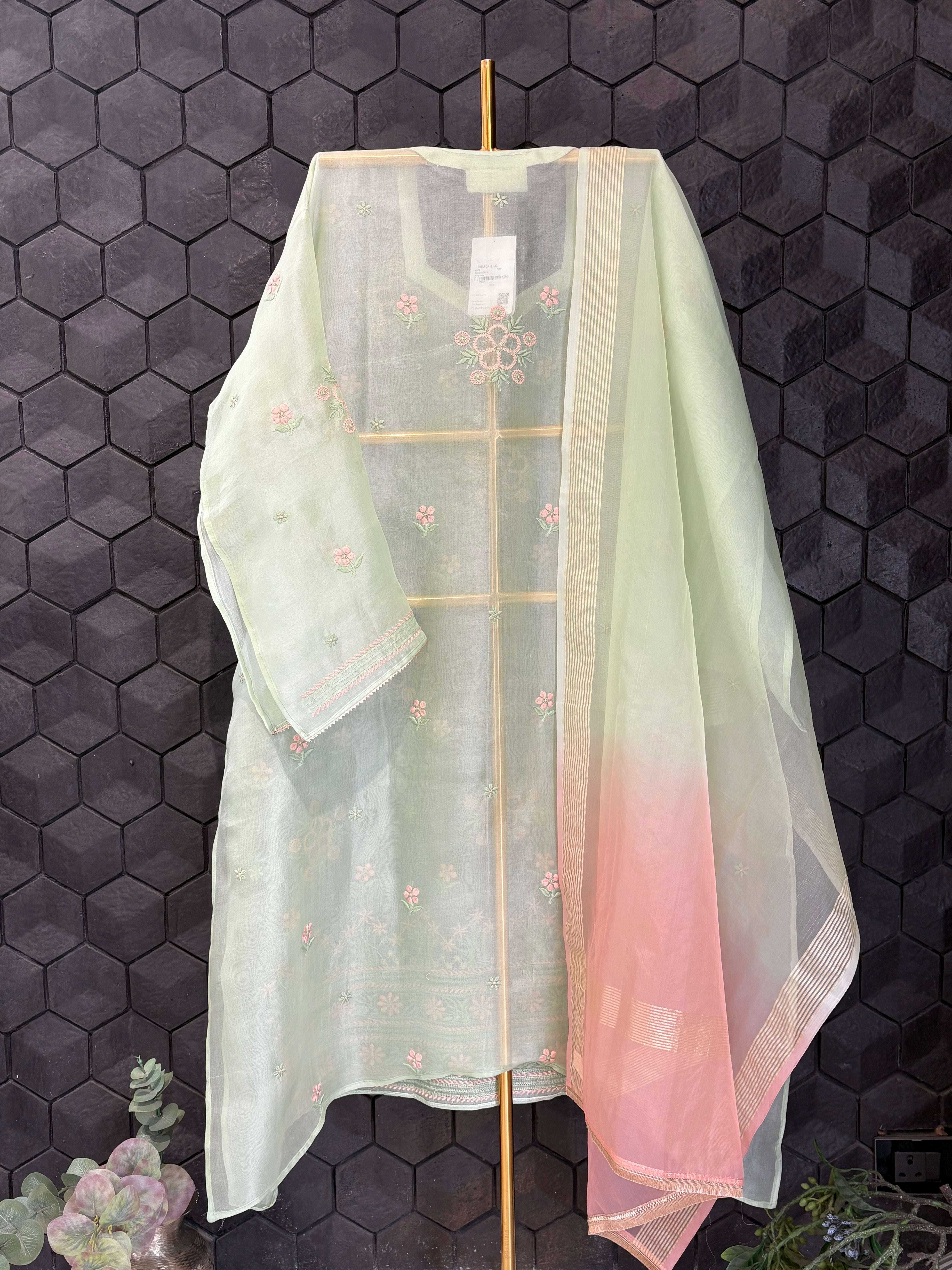 Pastel green organza Chikankari Kurta set