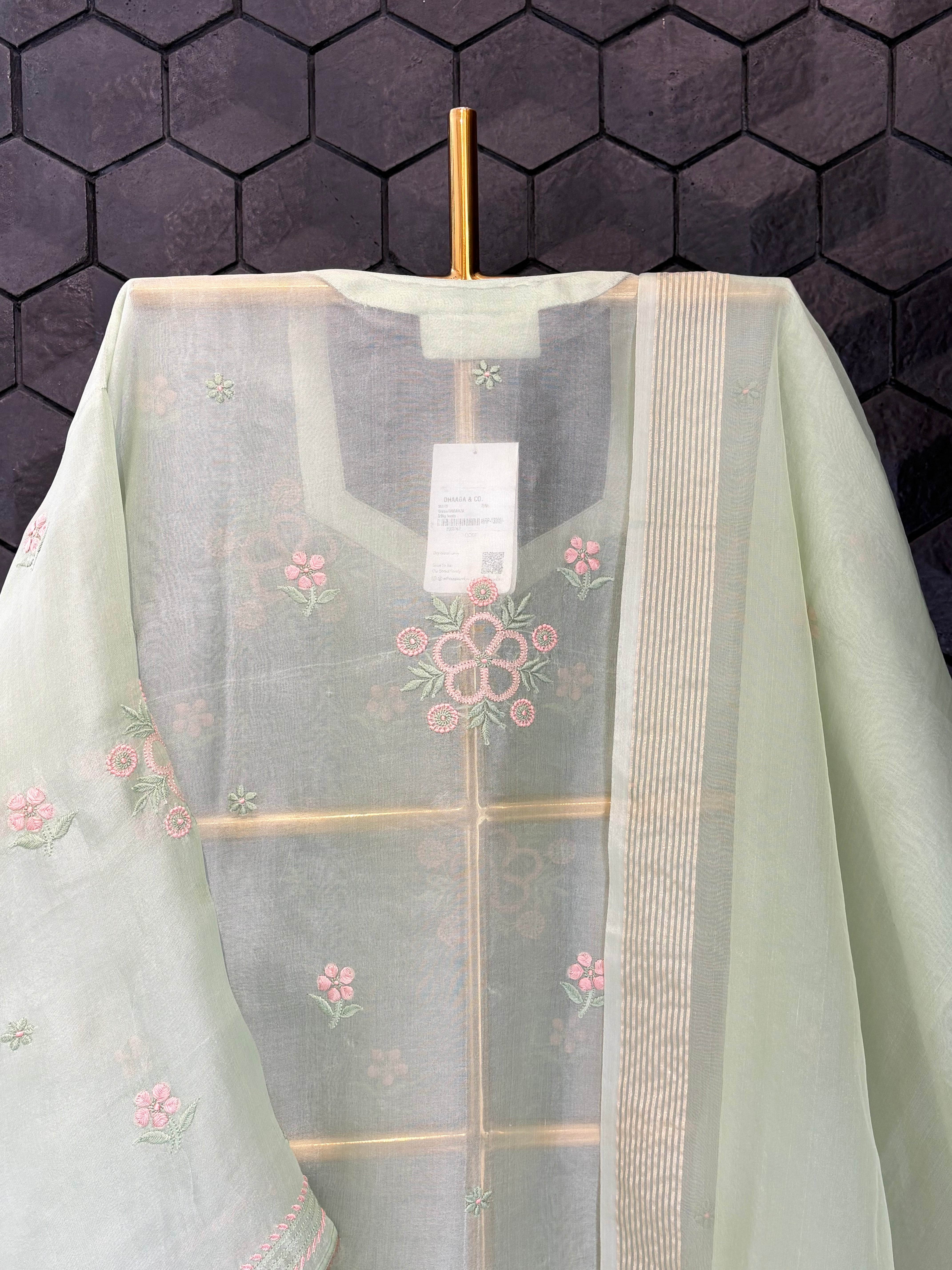 Pastel green organza Chikankari Kurta set