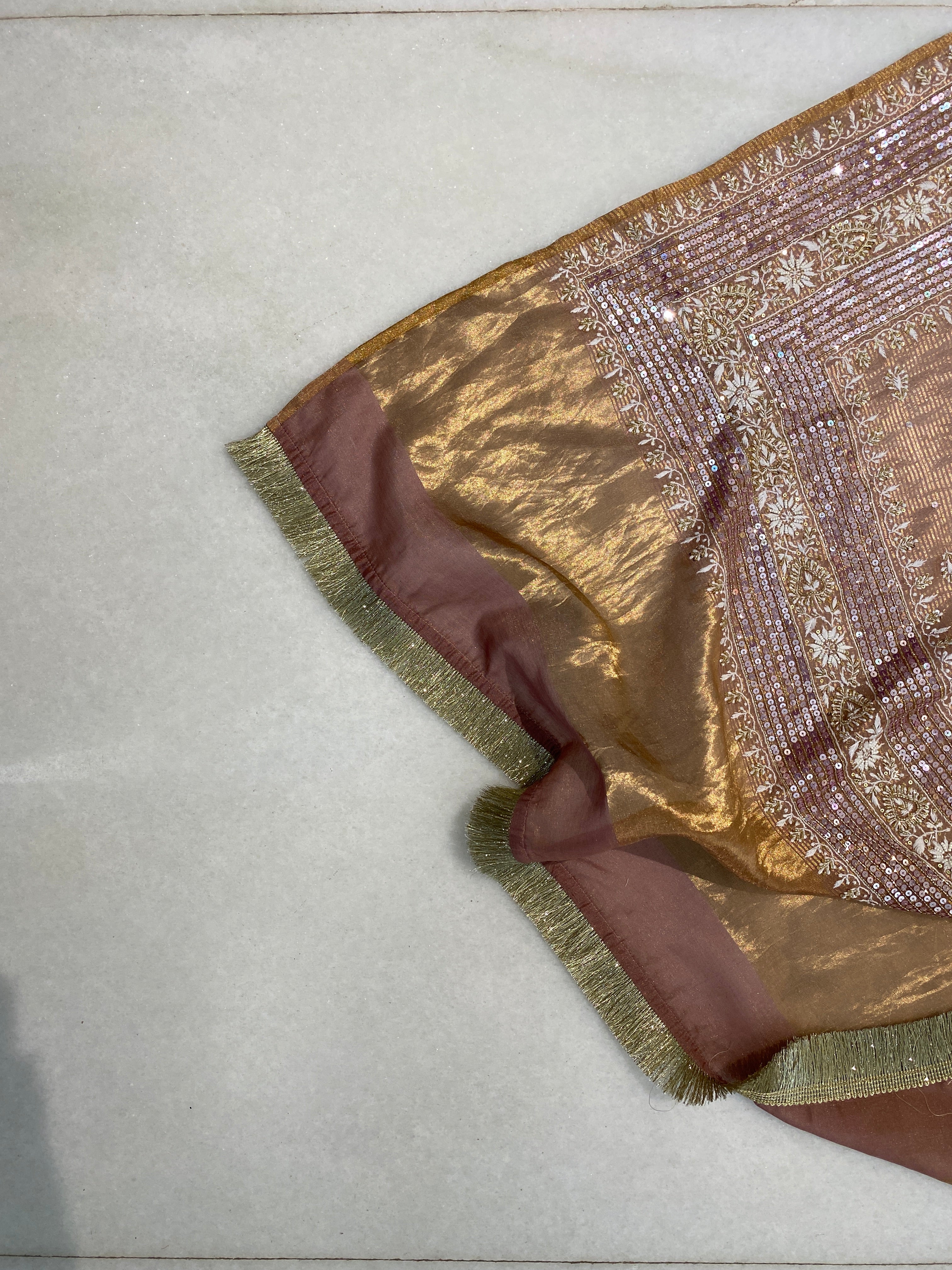 Olive green tissue chikanari Anarkali set