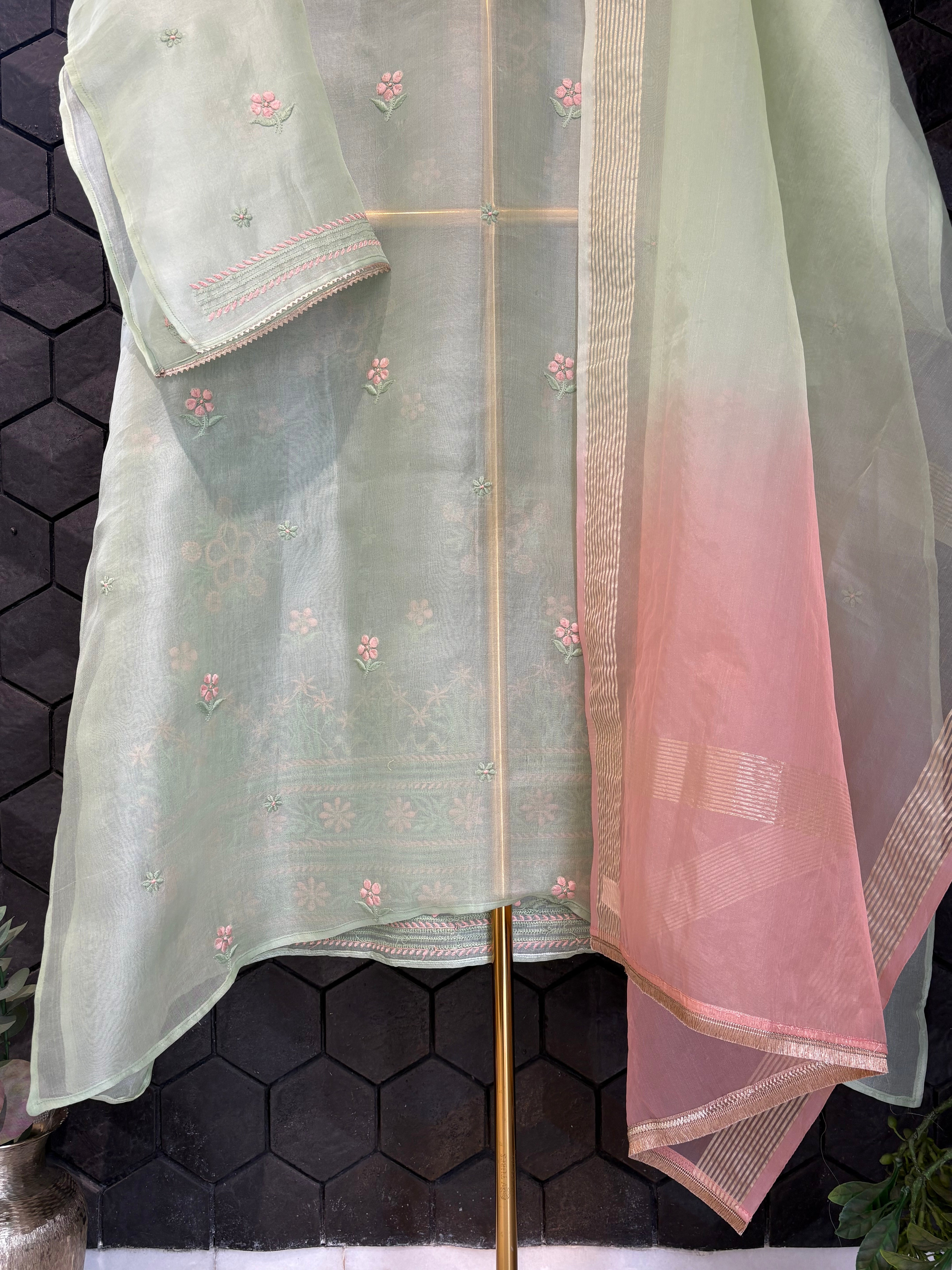 Pastel green organza Chikankari Kurta set