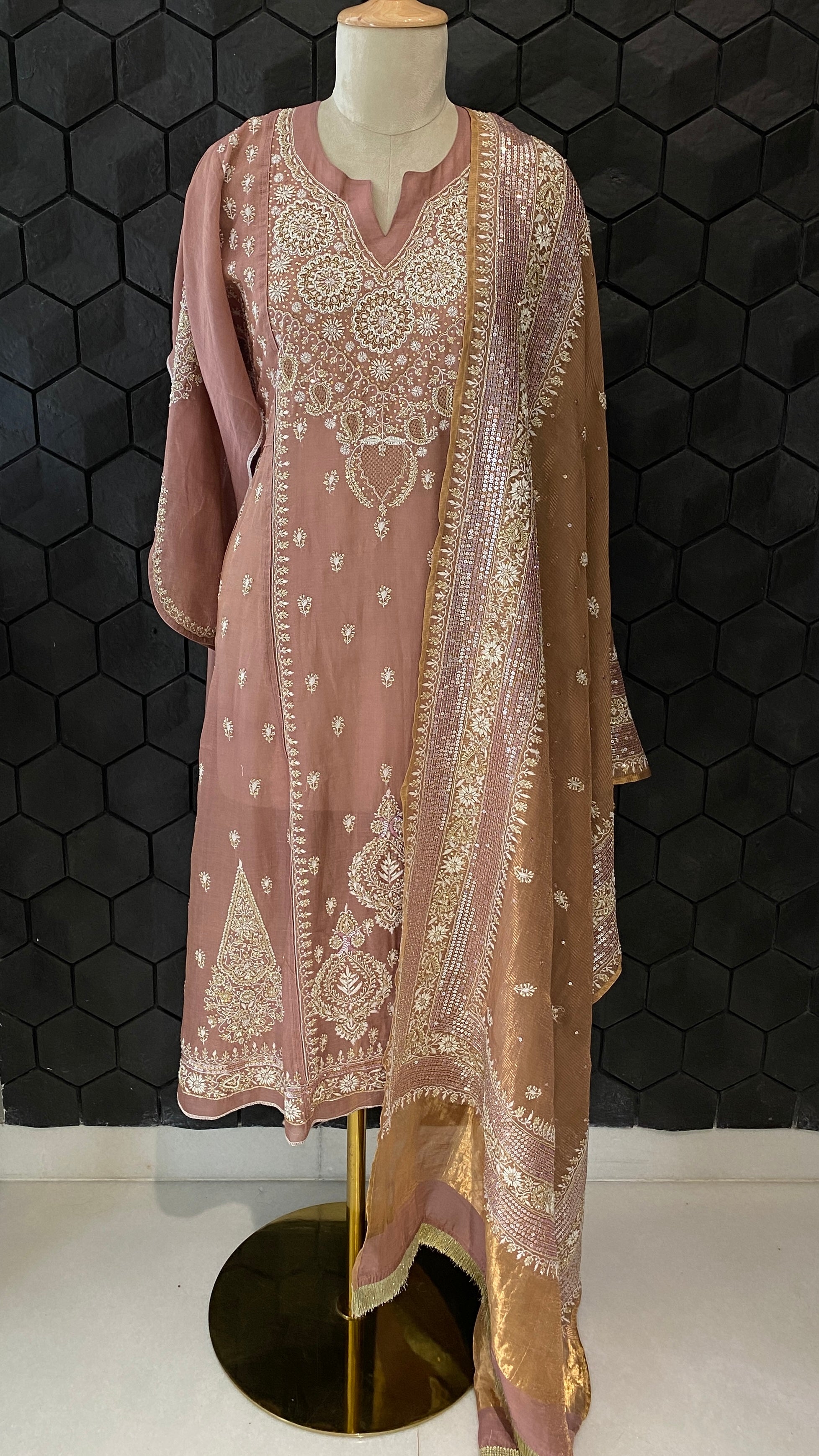Onion Pink tissue chikankari anarkali set