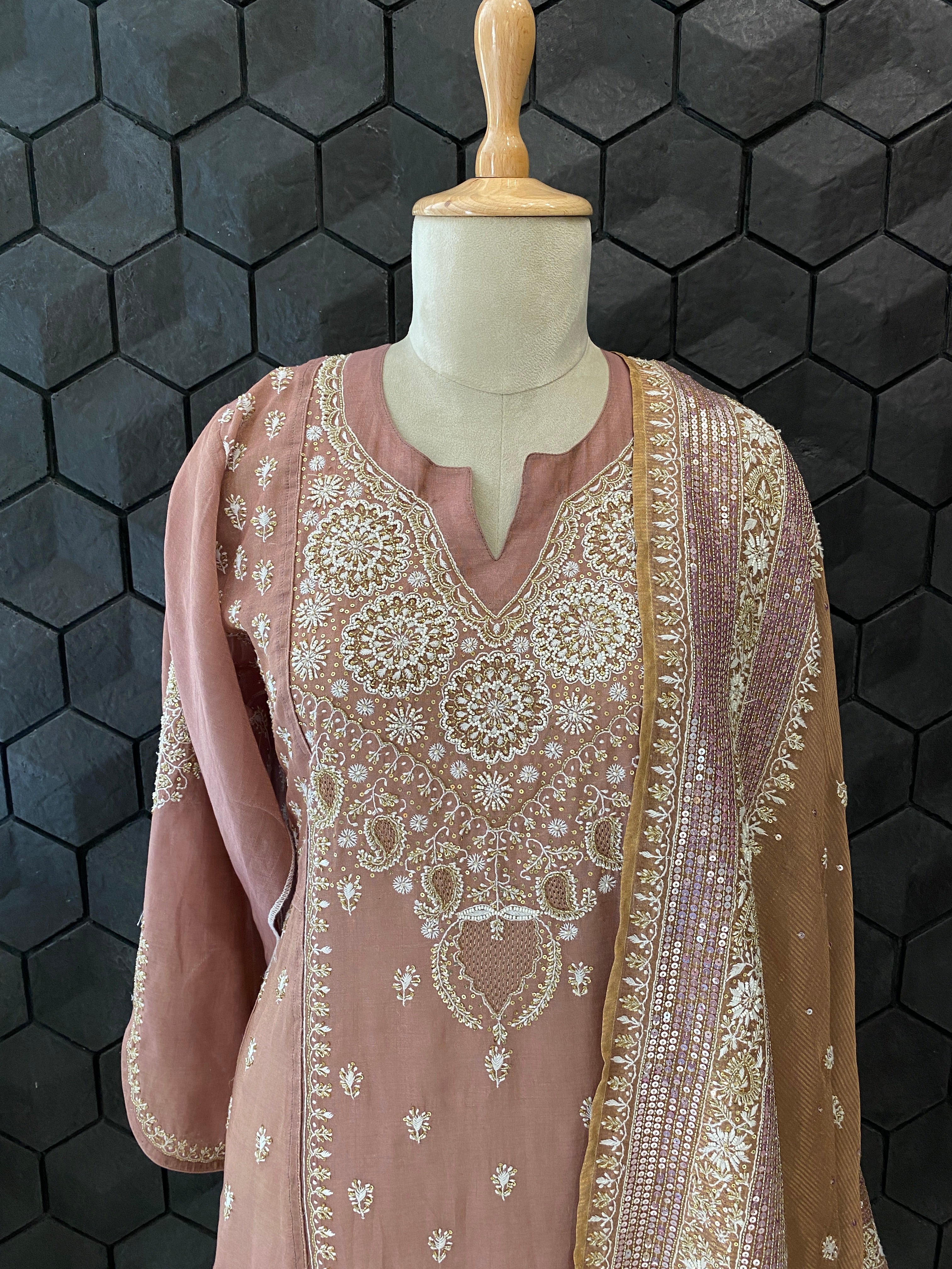 Onion Pink tissue chikankari anarkali set