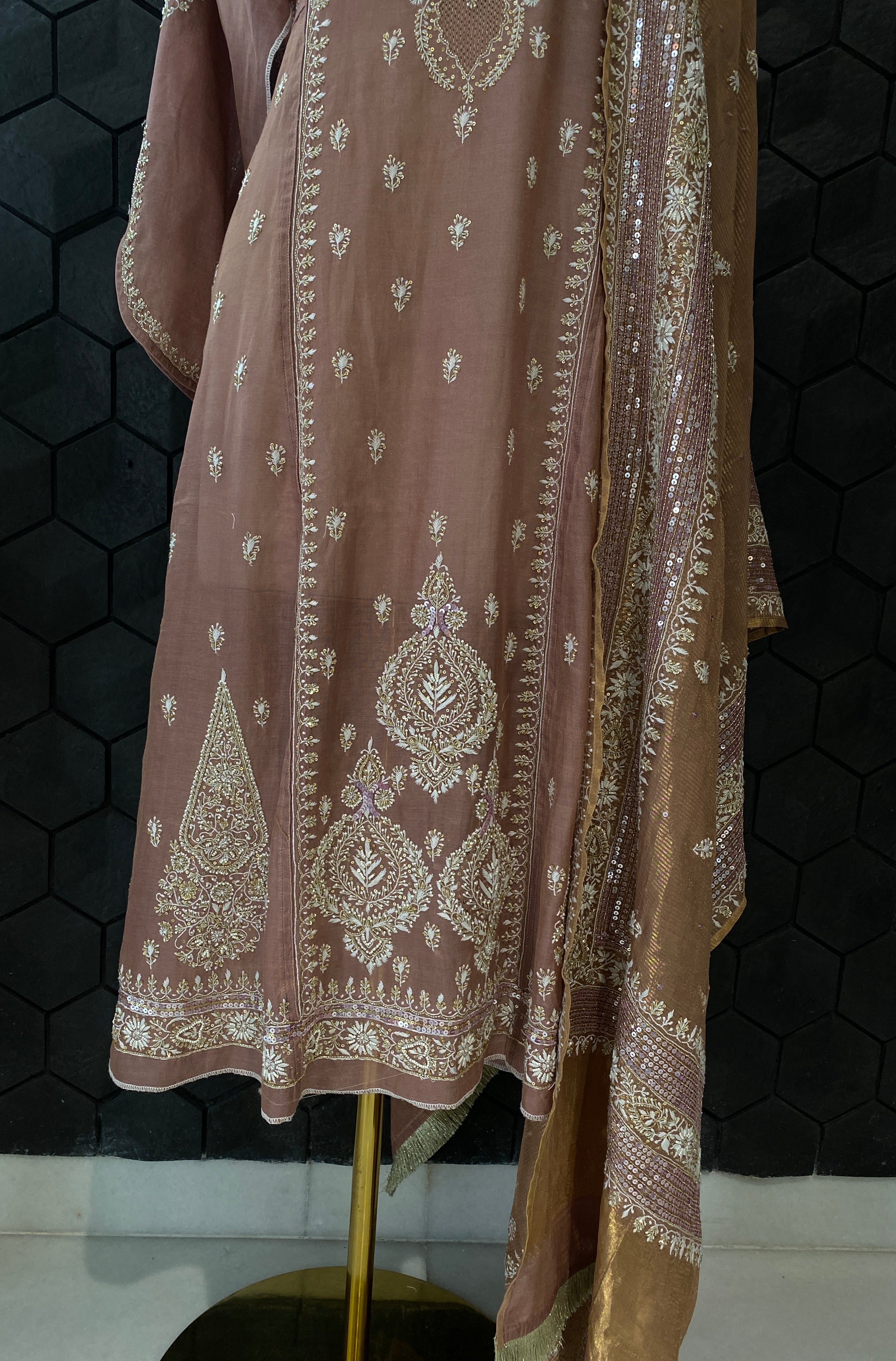 Onion Pink tissue chikankari anarkali set