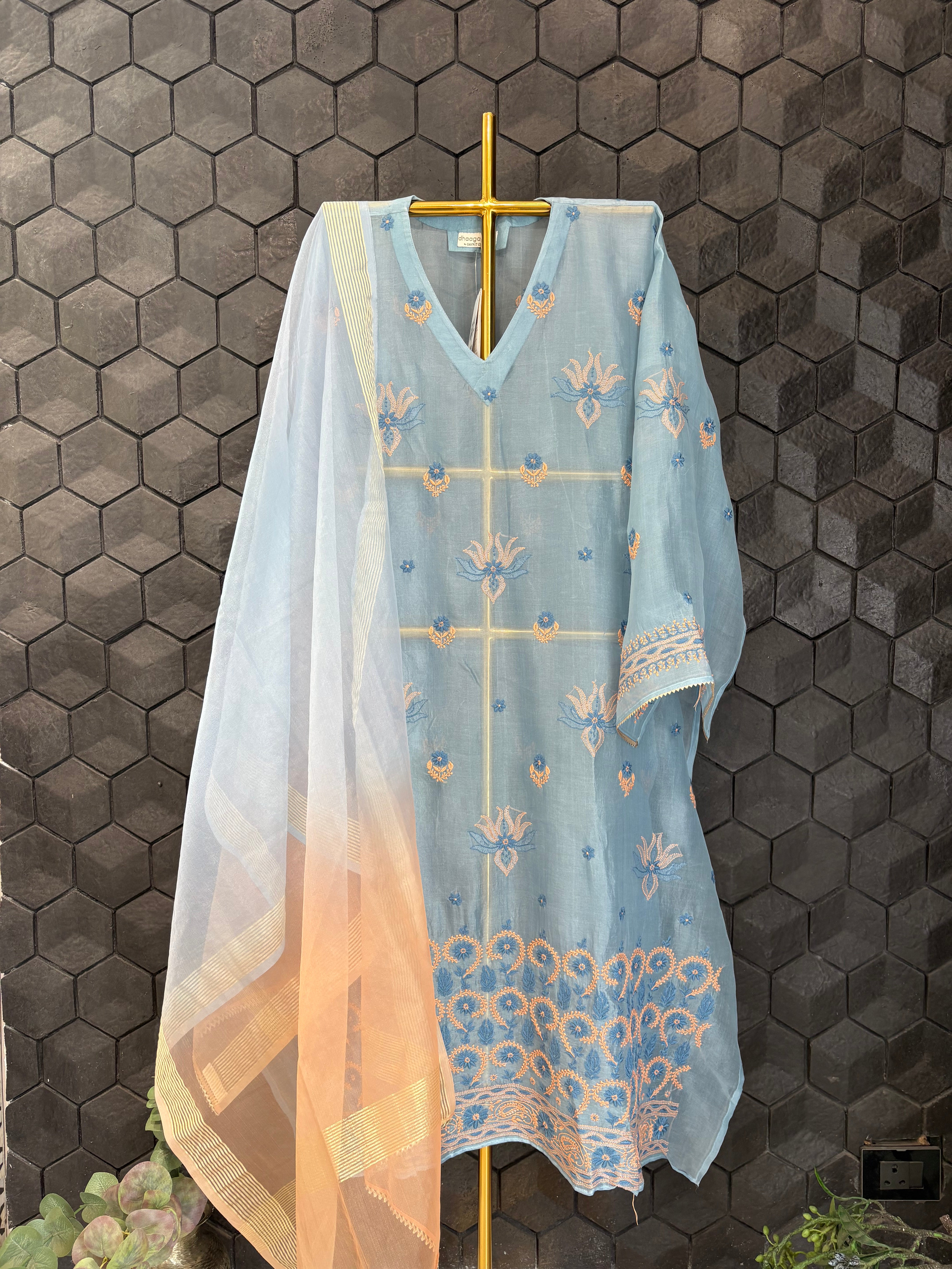 Sky Blue Chikankari Organza Kurta set
