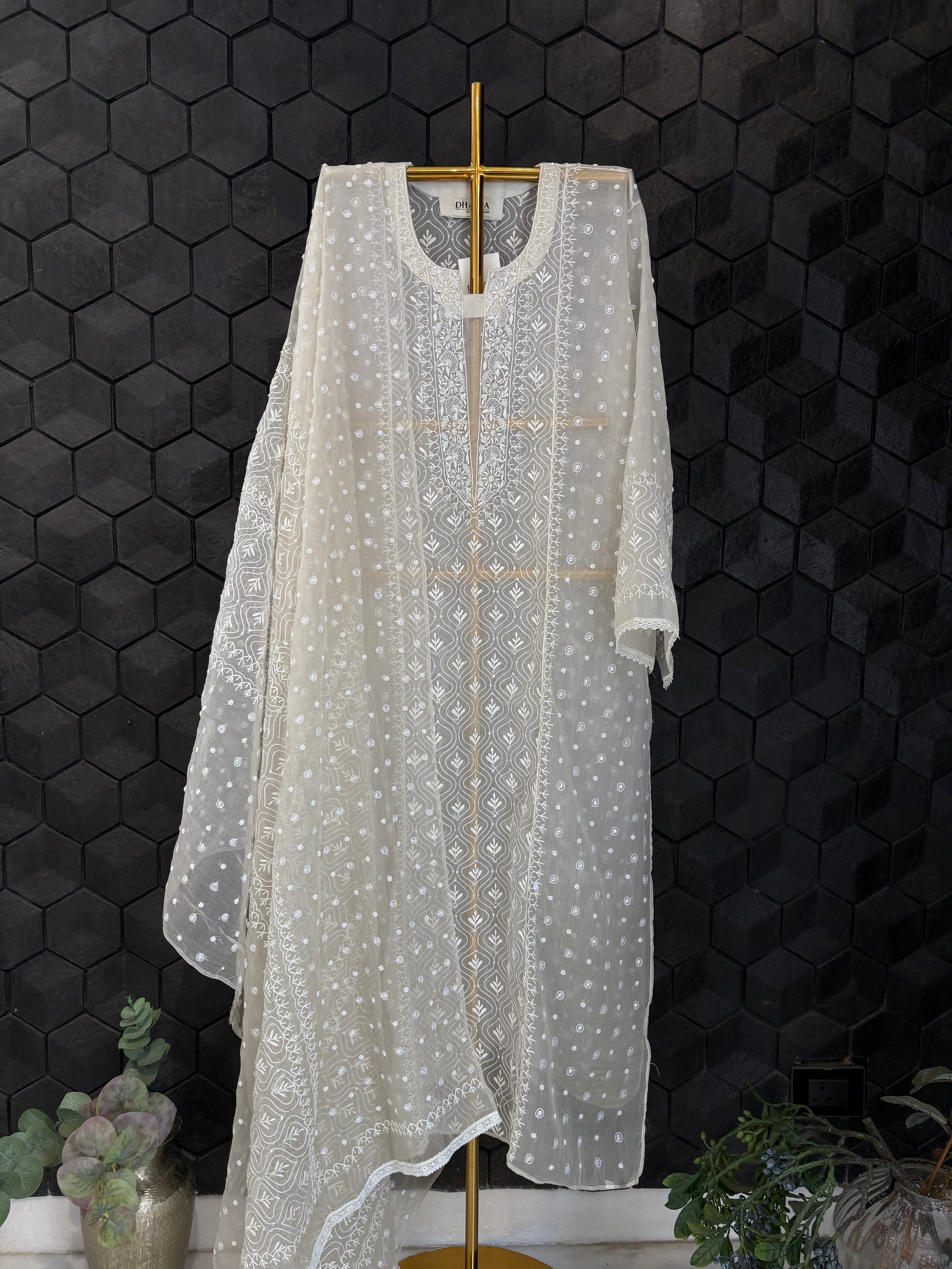 Off White Chikankari Organza Set