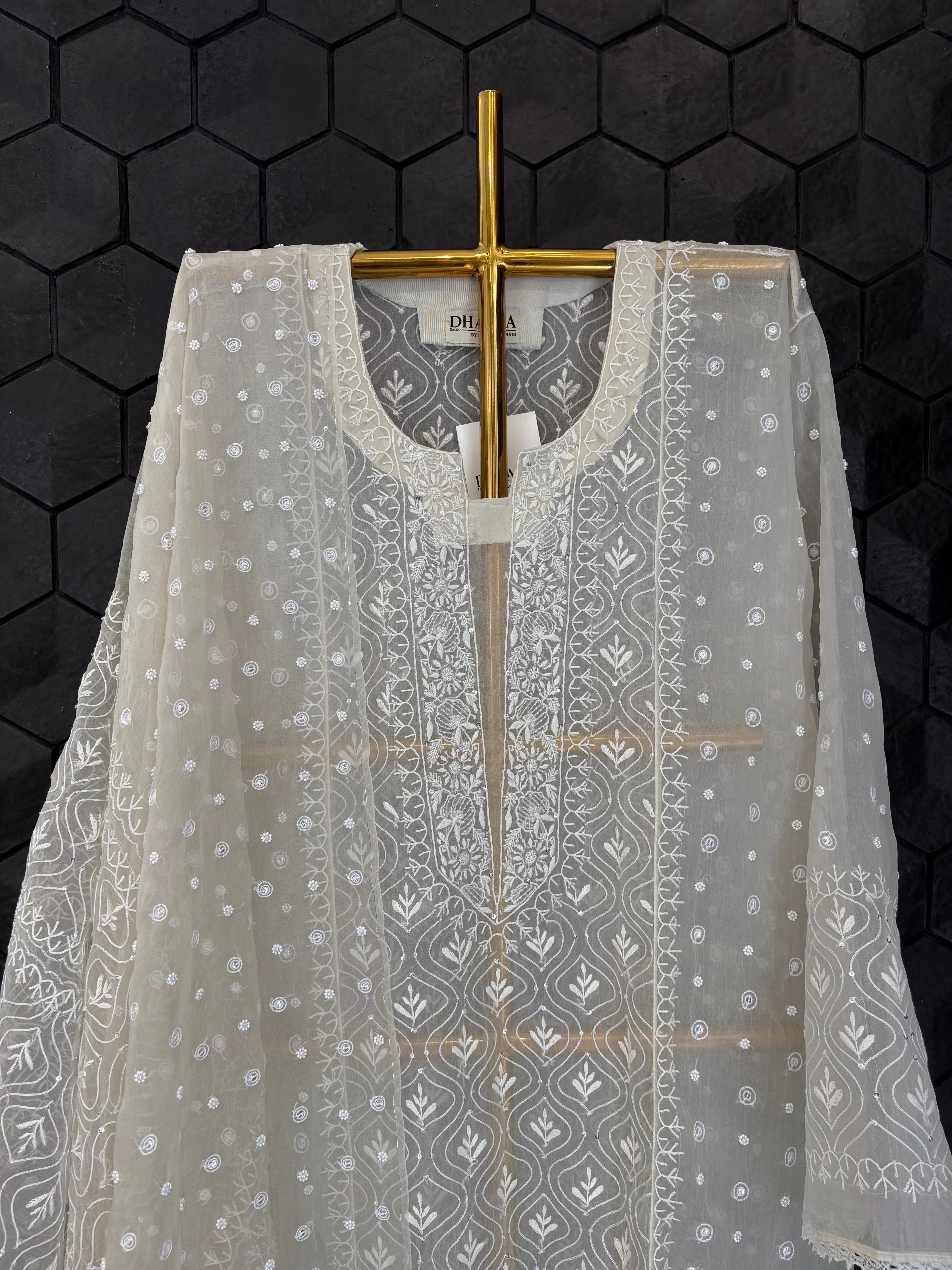 Off White Chikankari Organza Set