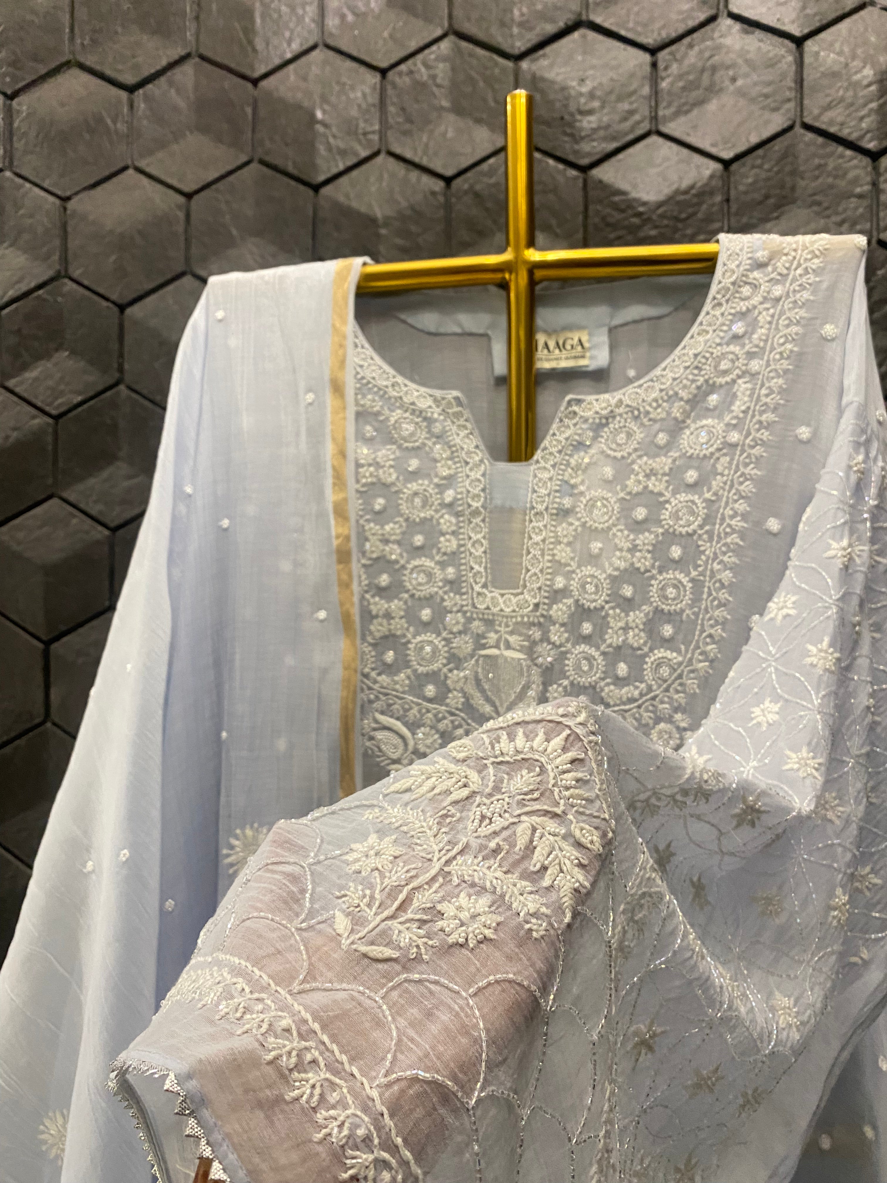 Blue Mul Chanderi Chikankari Kurta Set