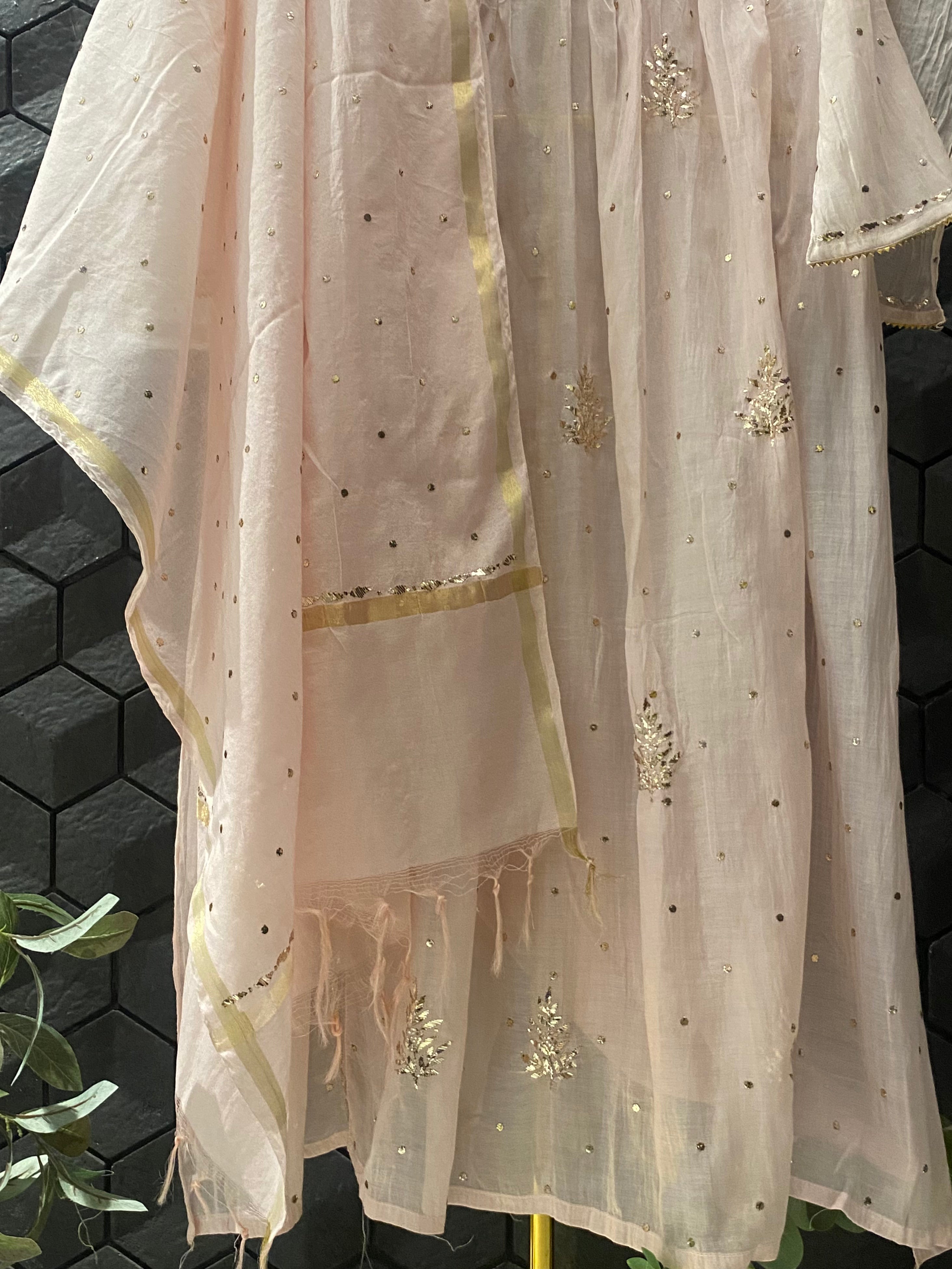 Pink Mul Chanderi Mukaish Kurta Set