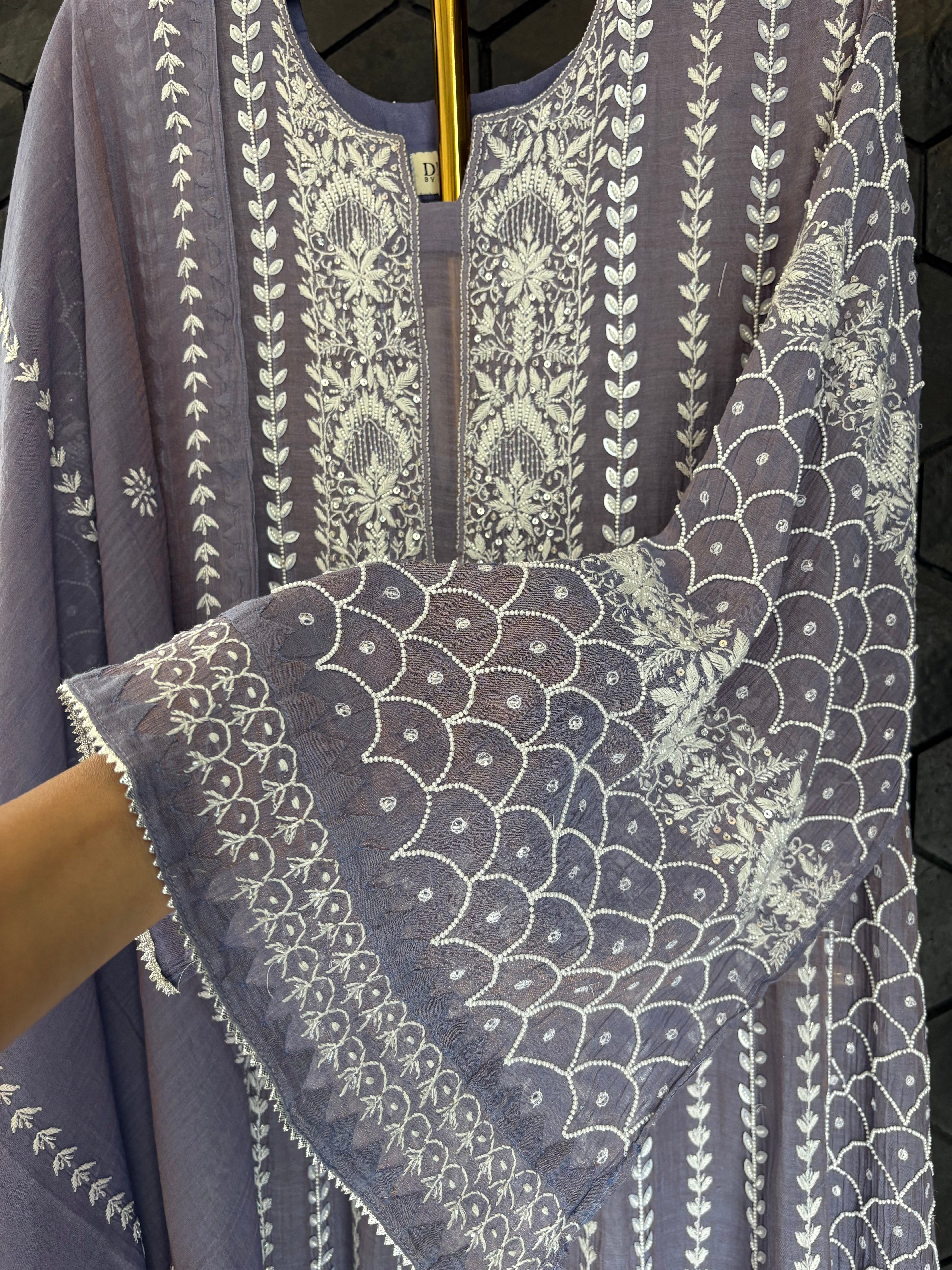 Purple Tissue Chikankari Anarkali Set