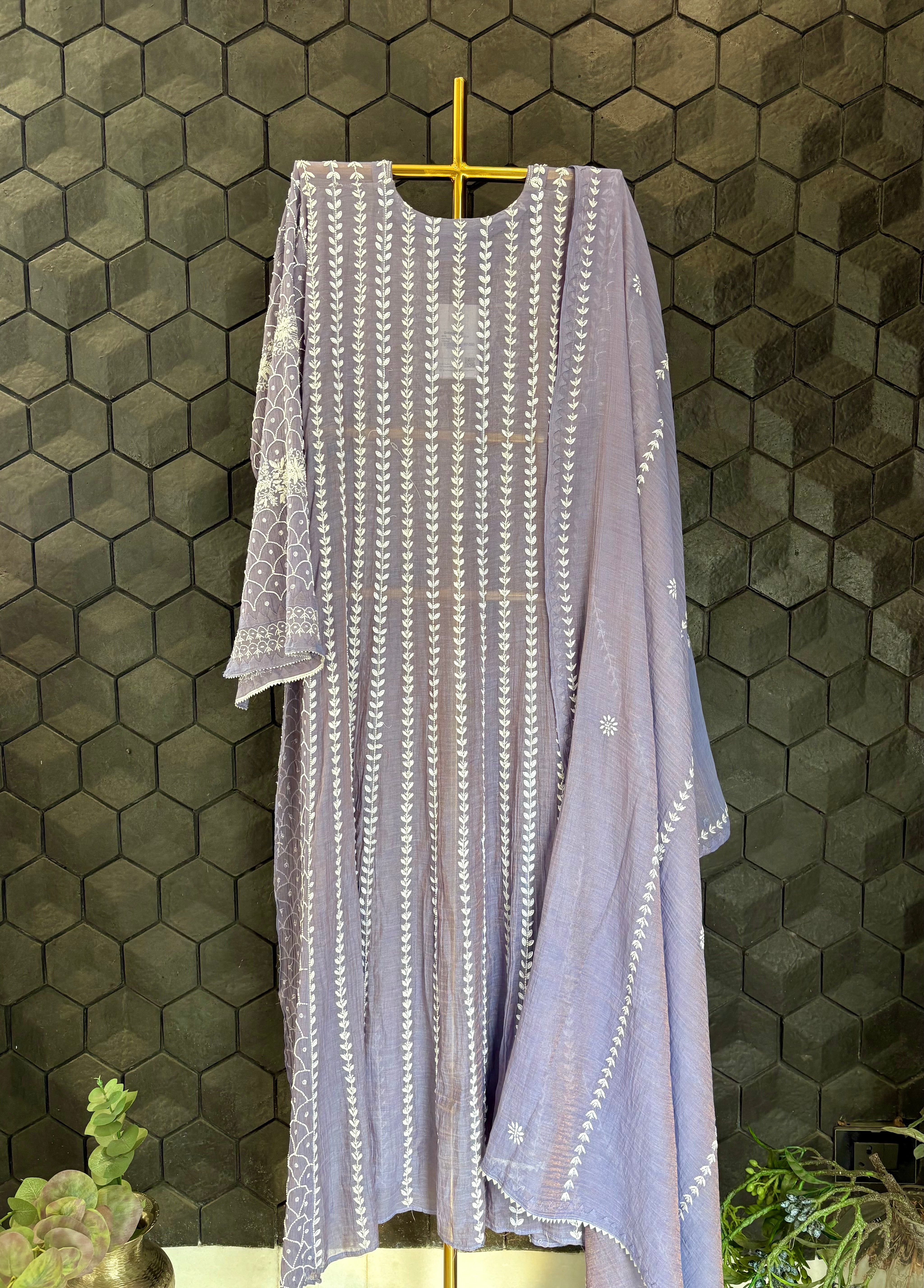 Purple Tissue Chikankari Anarkali Set