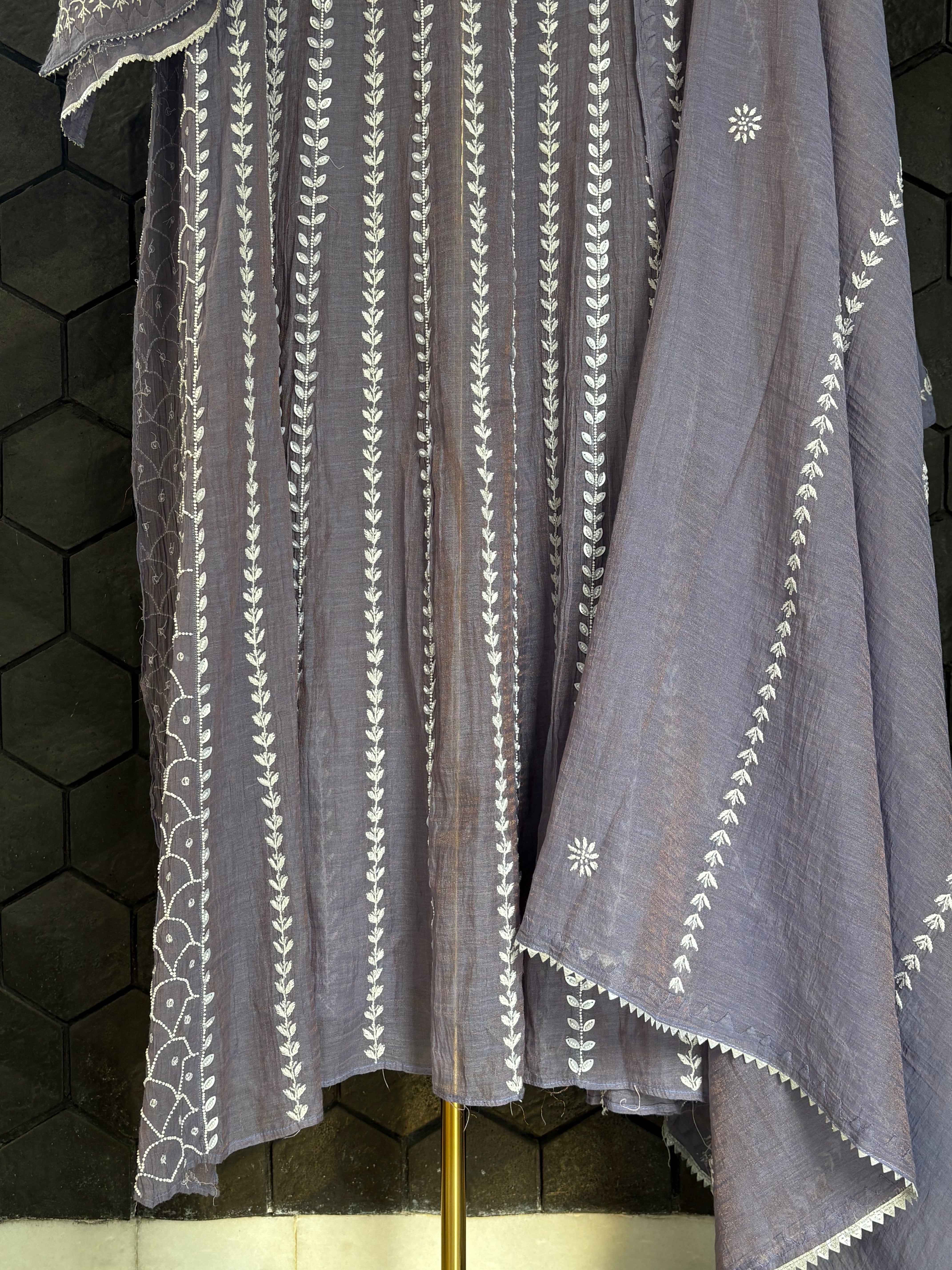 Purple Tissue Chikankari Anarkali Set