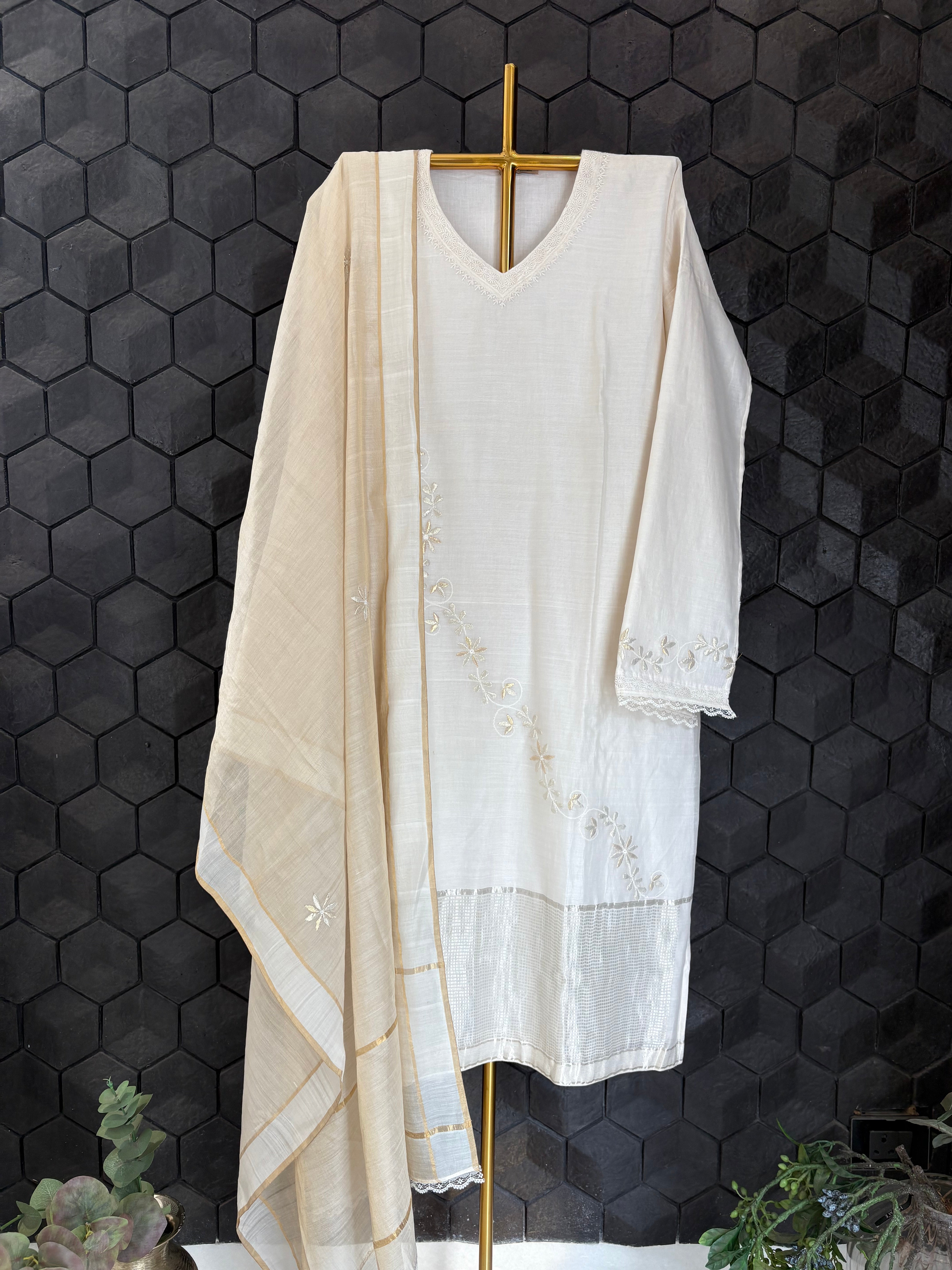 Off White Chanderi Chikankari Kurta Set