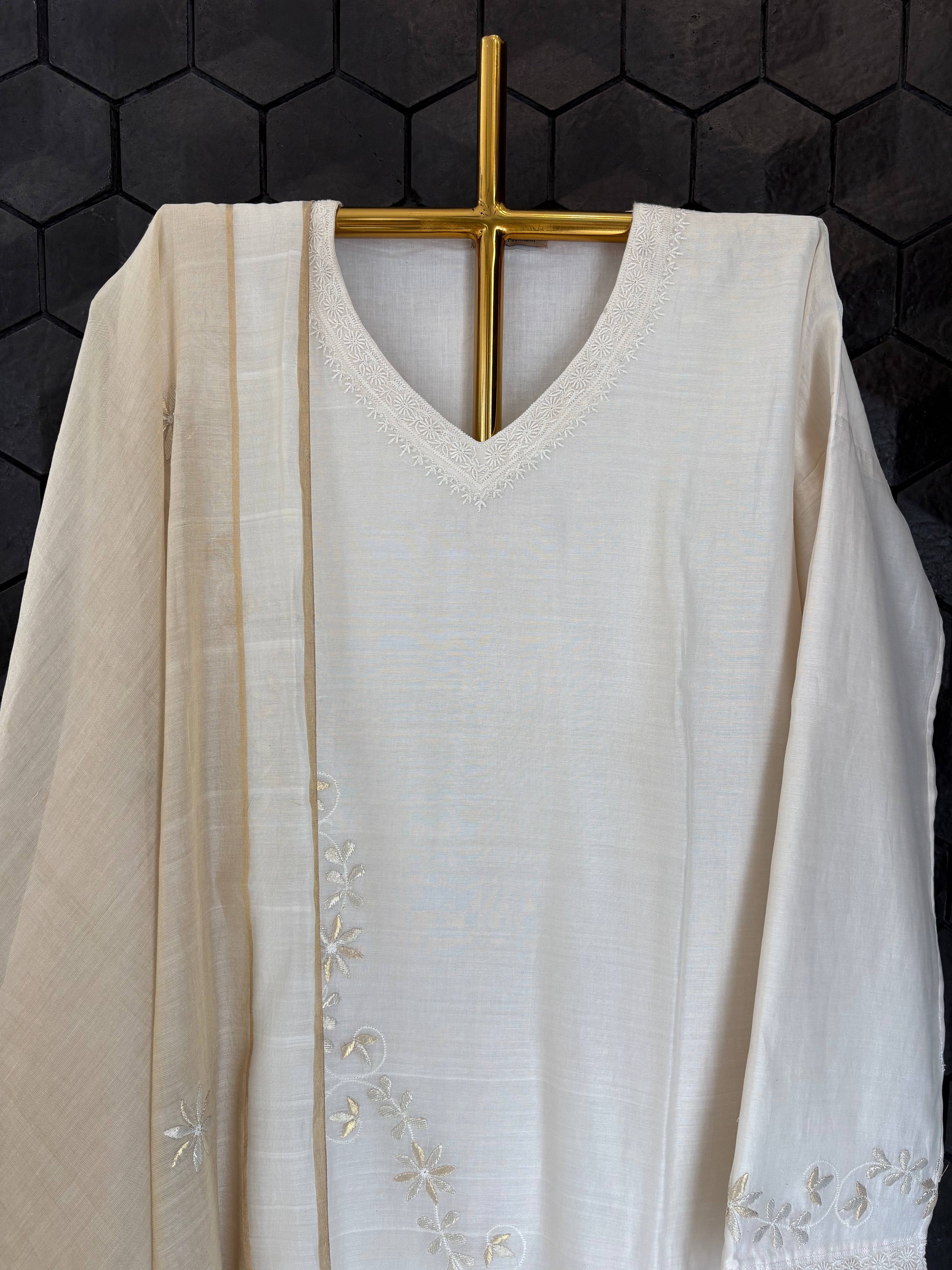 Off White Chanderi Chikankari Kurta Set