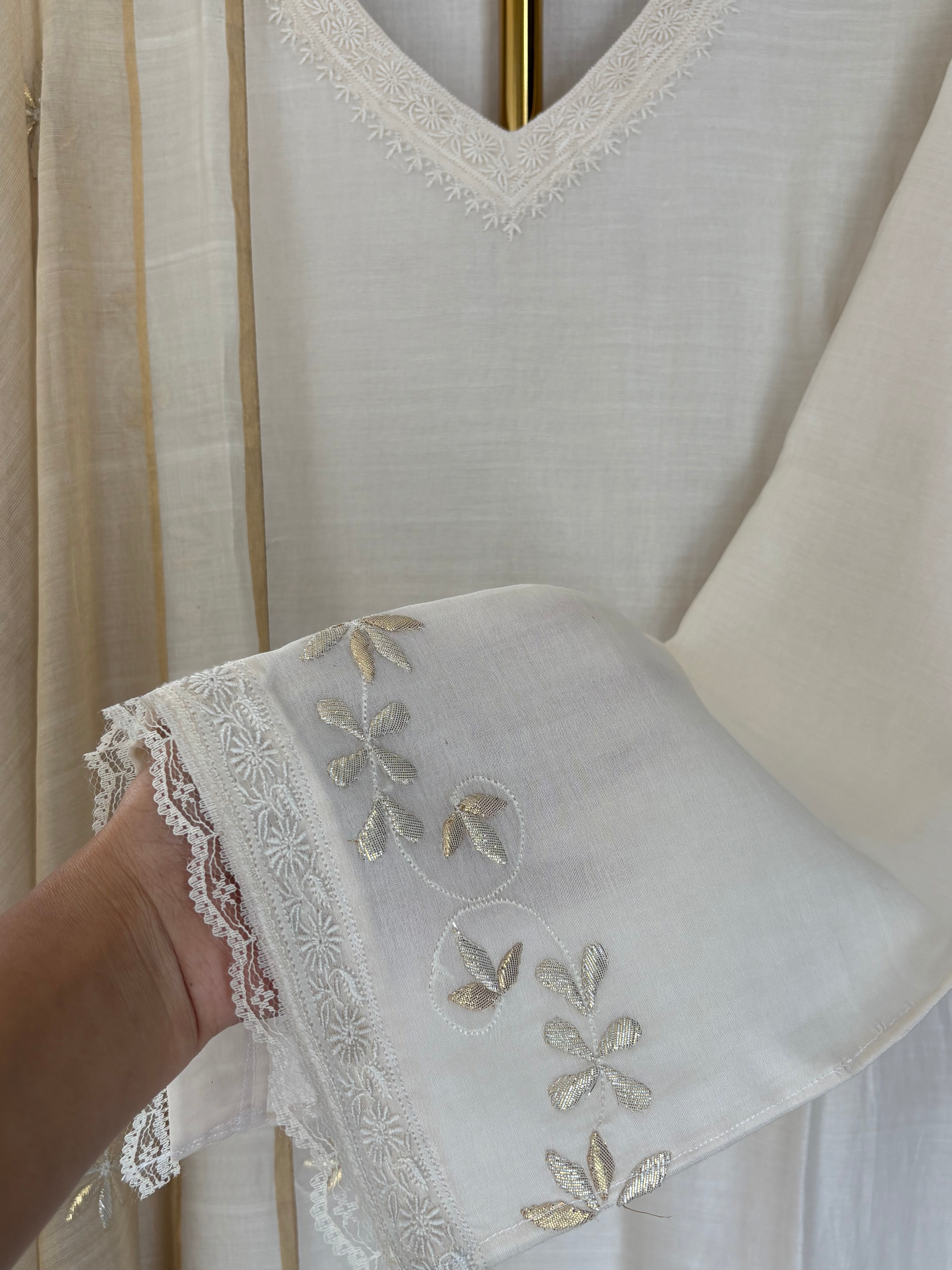 Off White Chanderi Chikankari Kurta Set