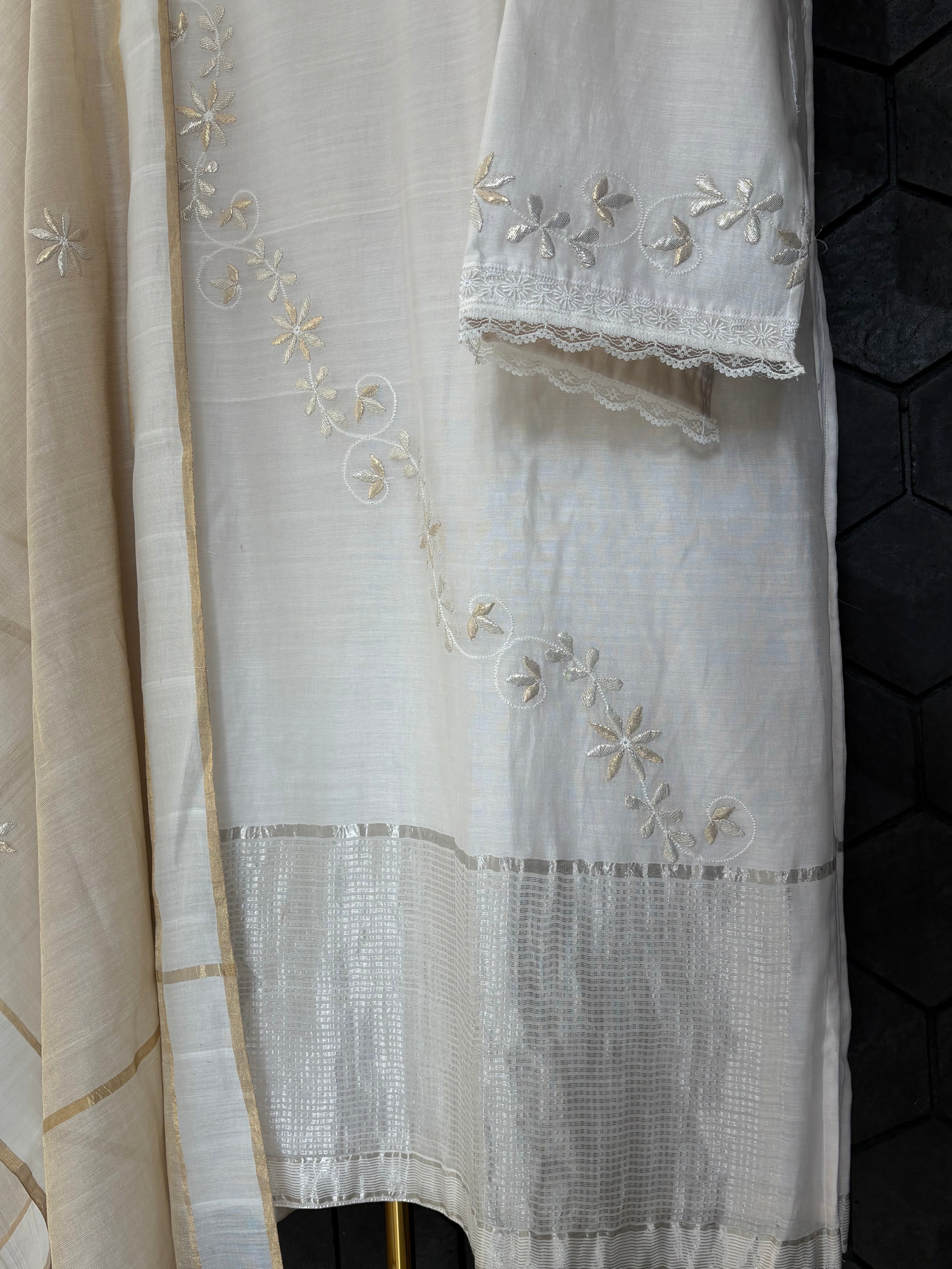 Off White Chanderi Chikankari Kurta Set