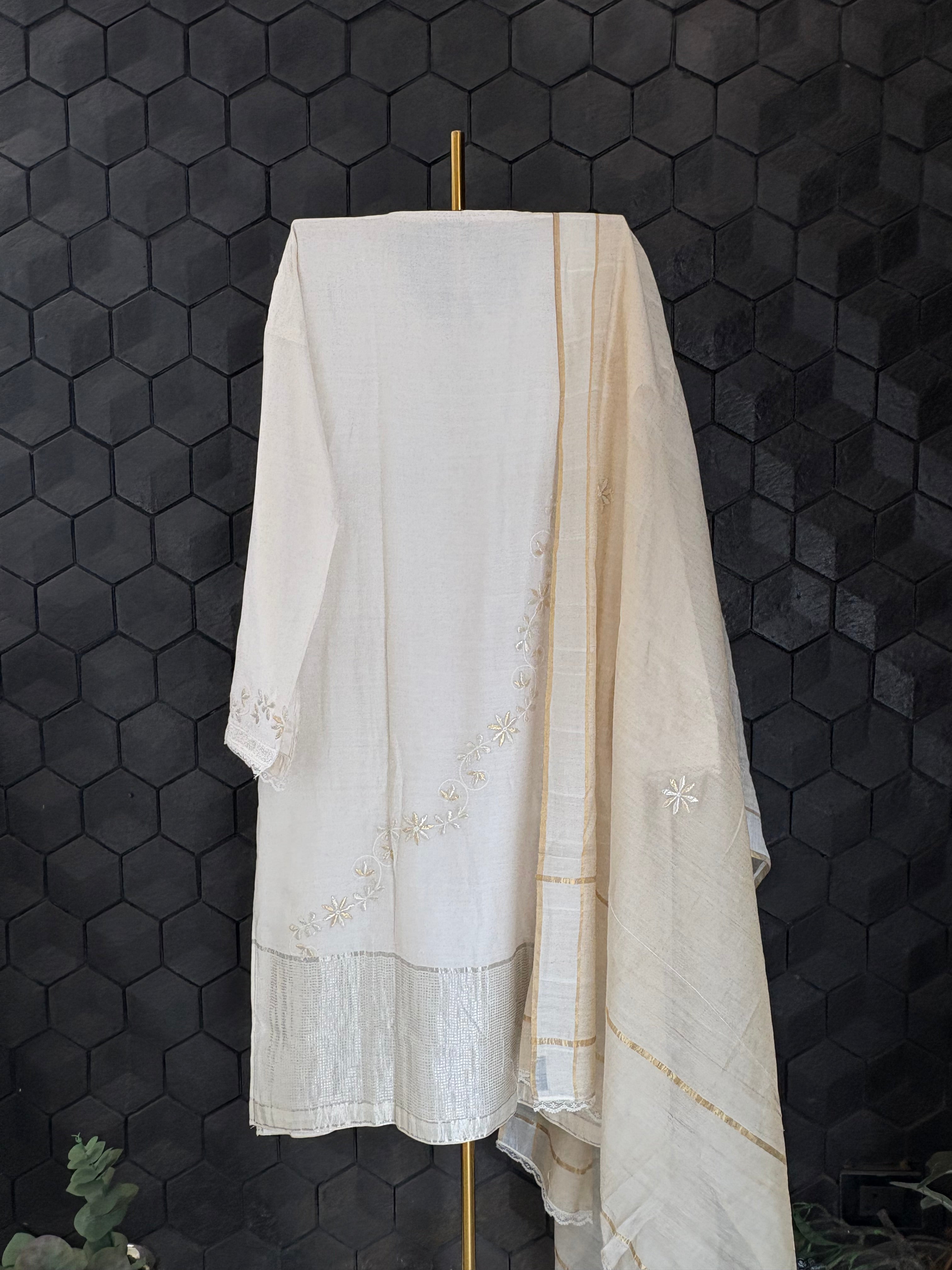 Off White Chanderi Chikankari Kurta Set