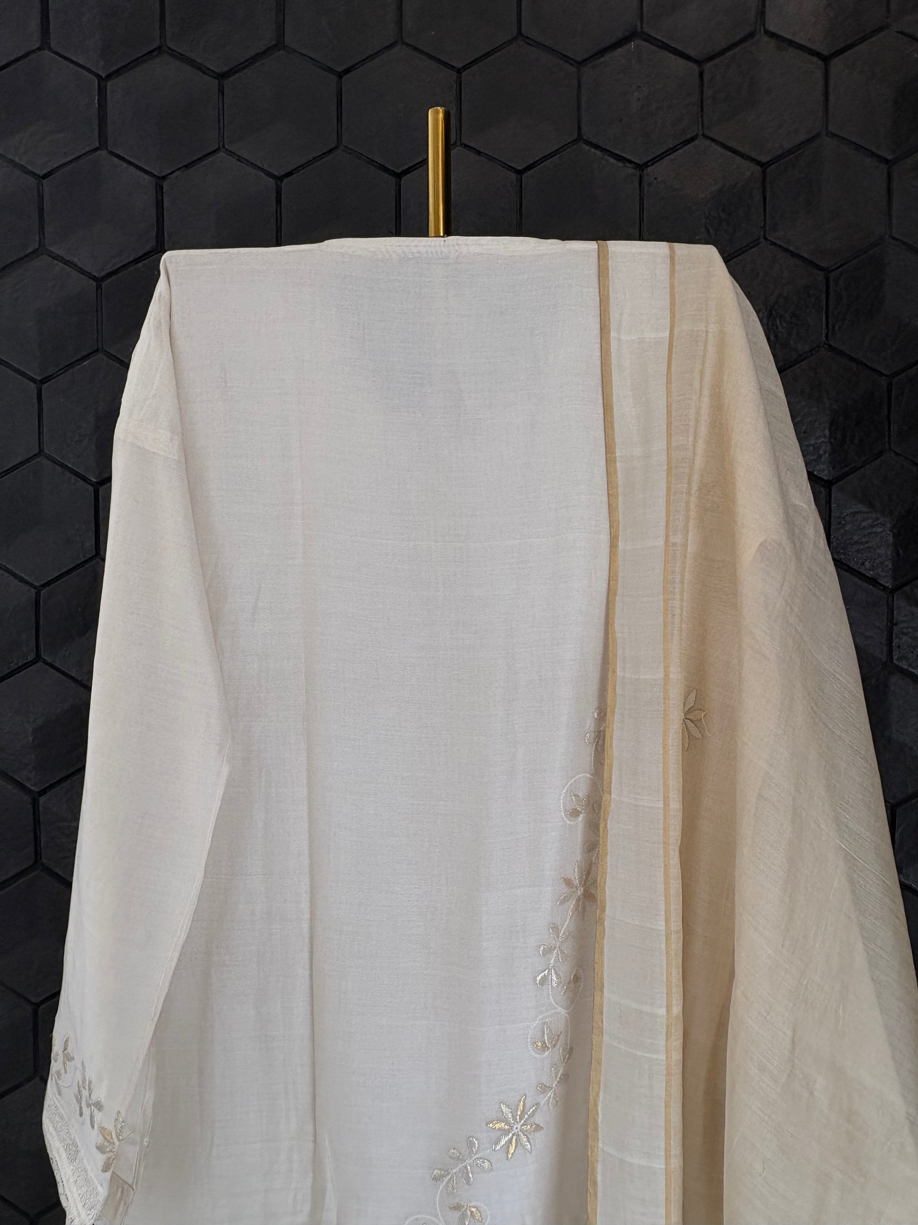 Off White Chanderi Chikankari Kurta Set