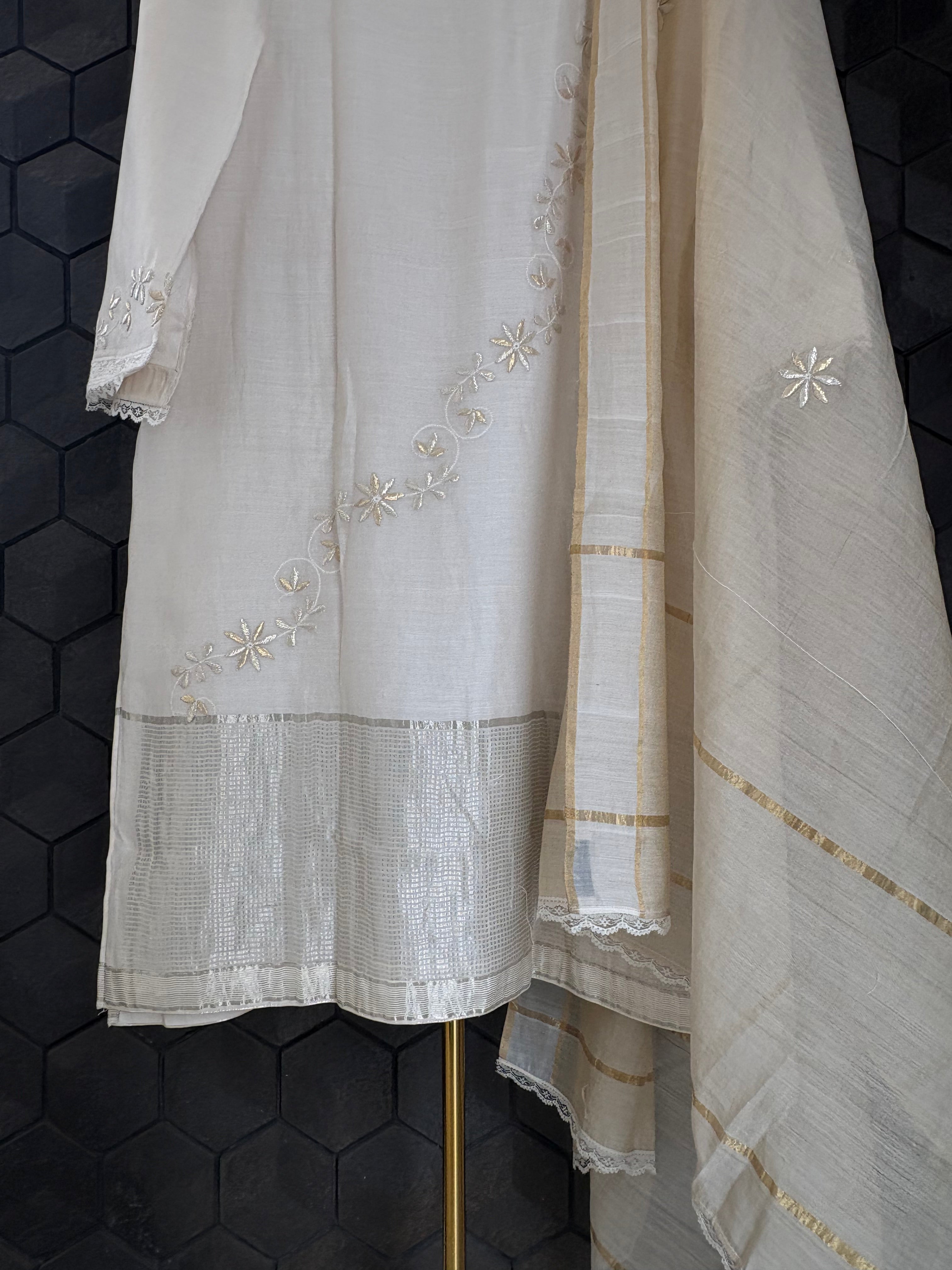 Off White Chanderi Chikankari Kurta Set