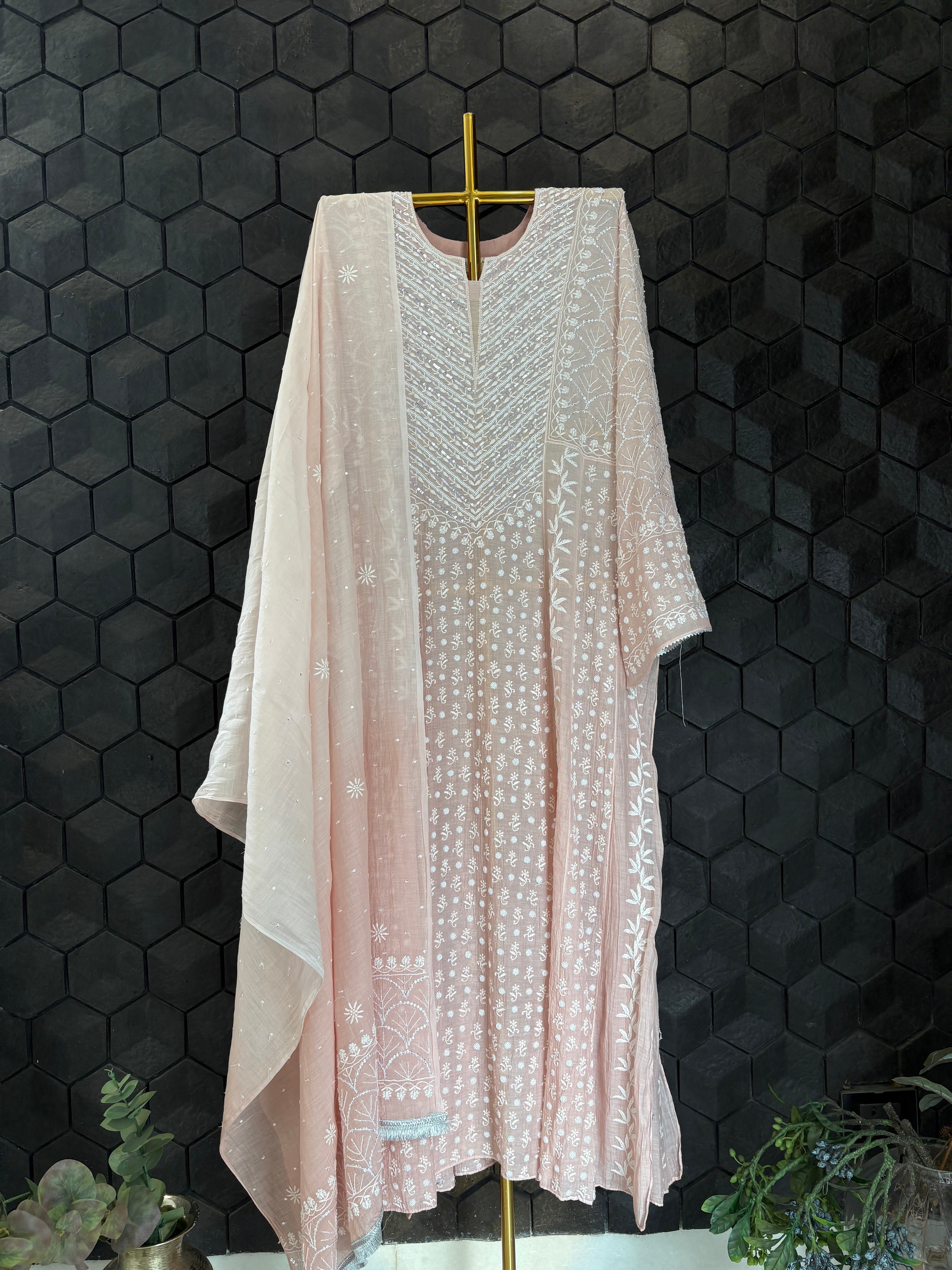 Pink Mul Chanderi Anarkali Set