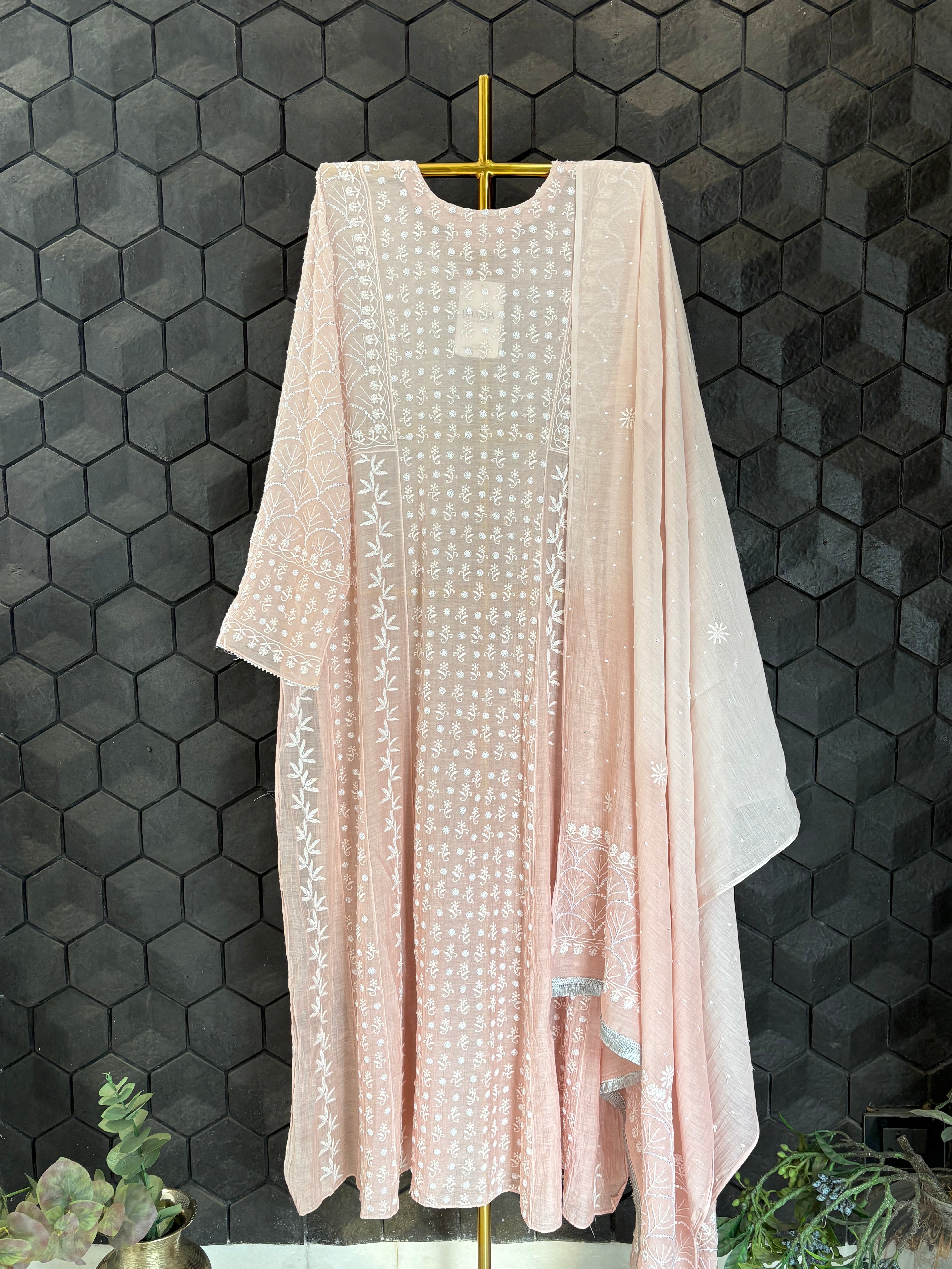 Pink Mul Chanderi Anarkali Set