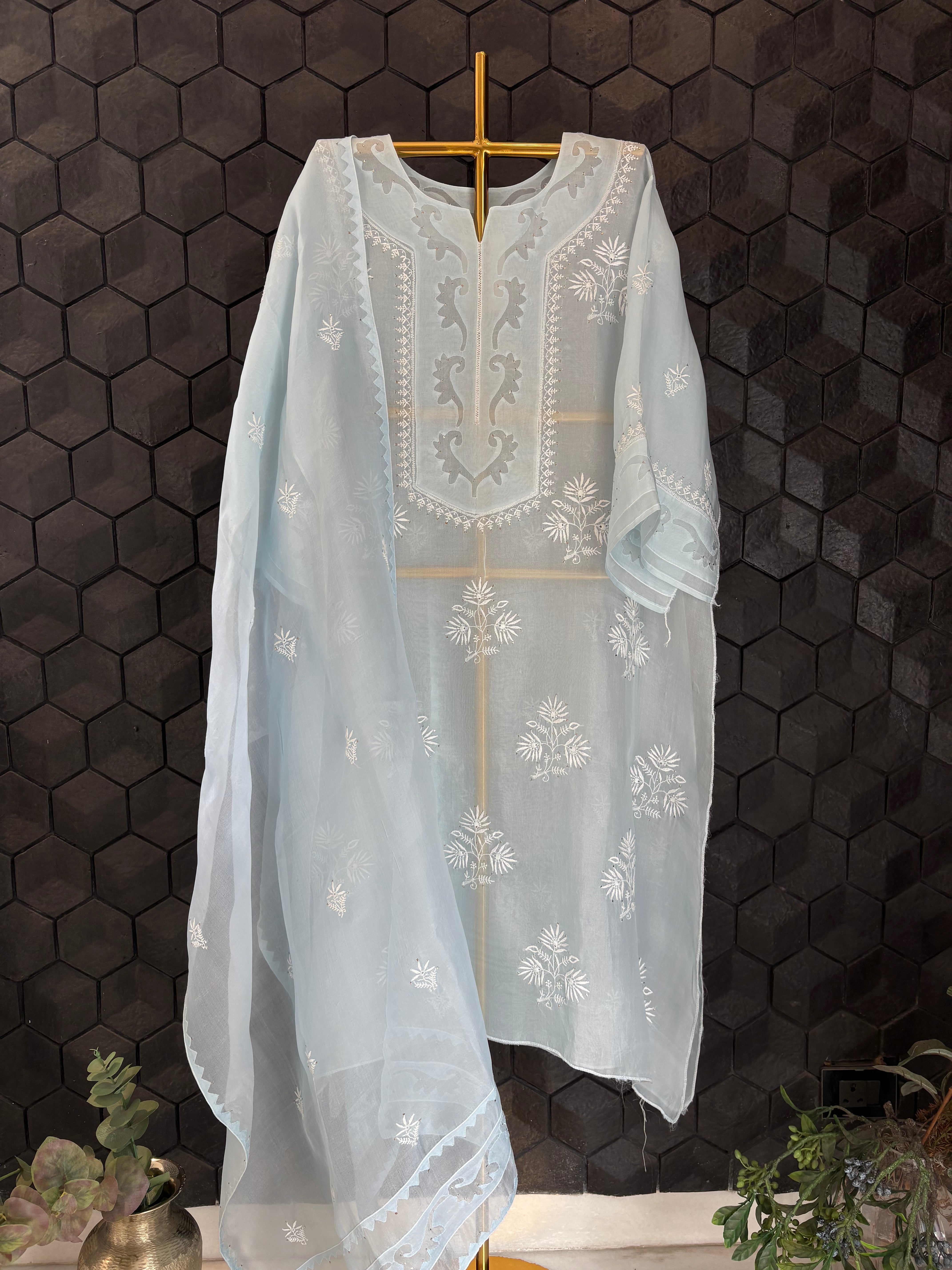 Sky Blue Organza Chikankari Kurta Set