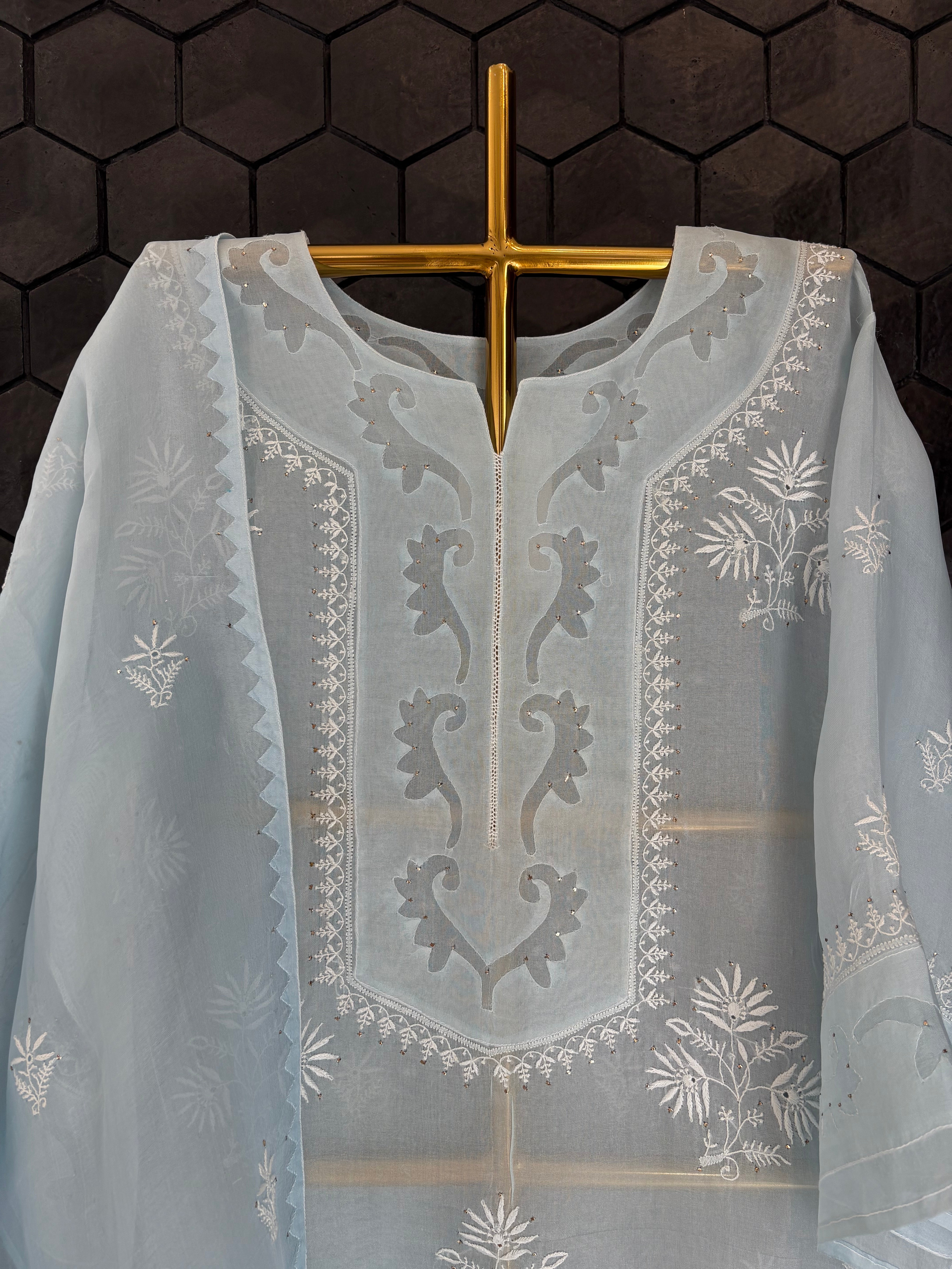Sky Blue Organza Chikankari Kurta Set