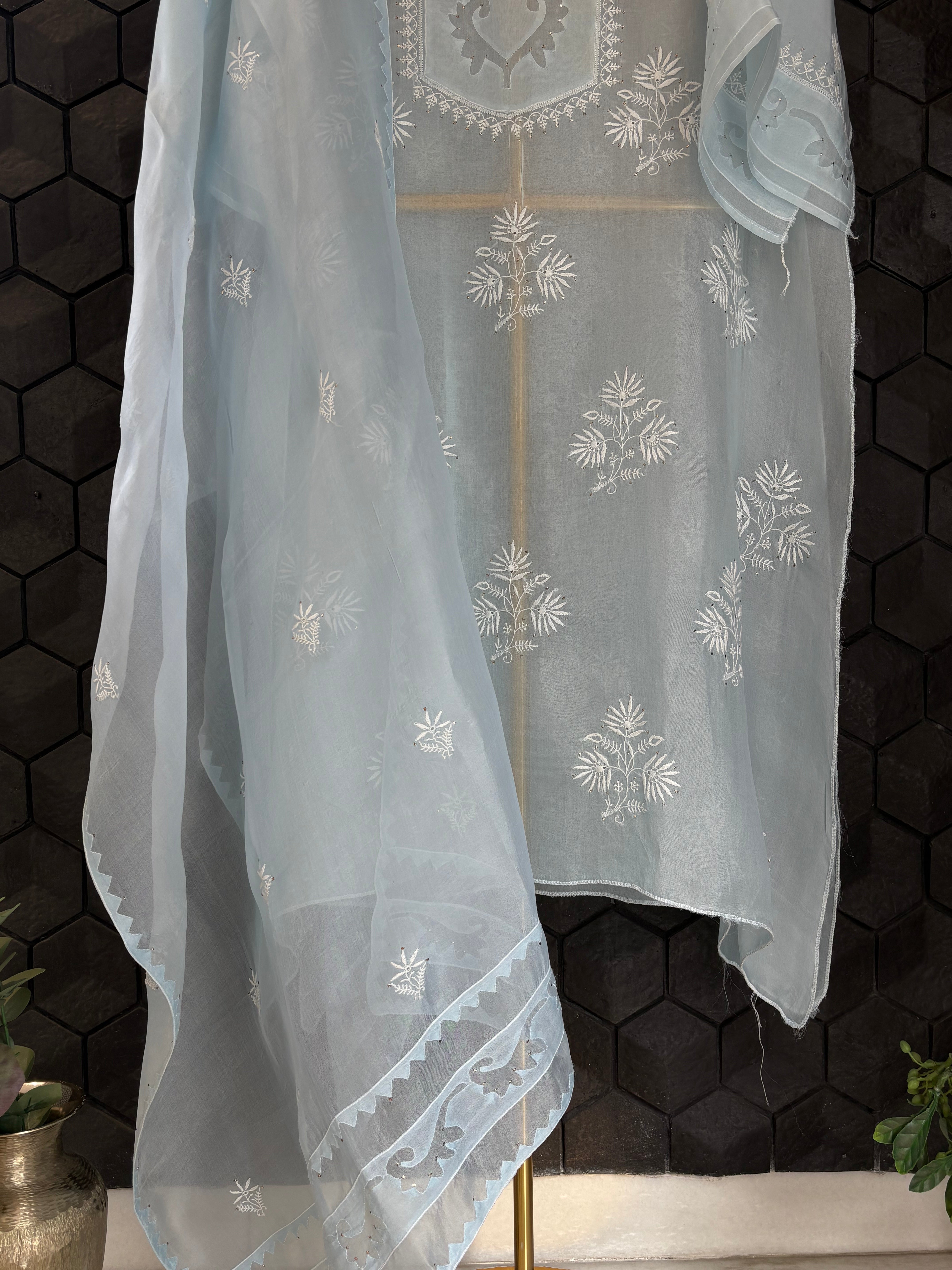 Sky Blue Organza Chikankari Kurta Set