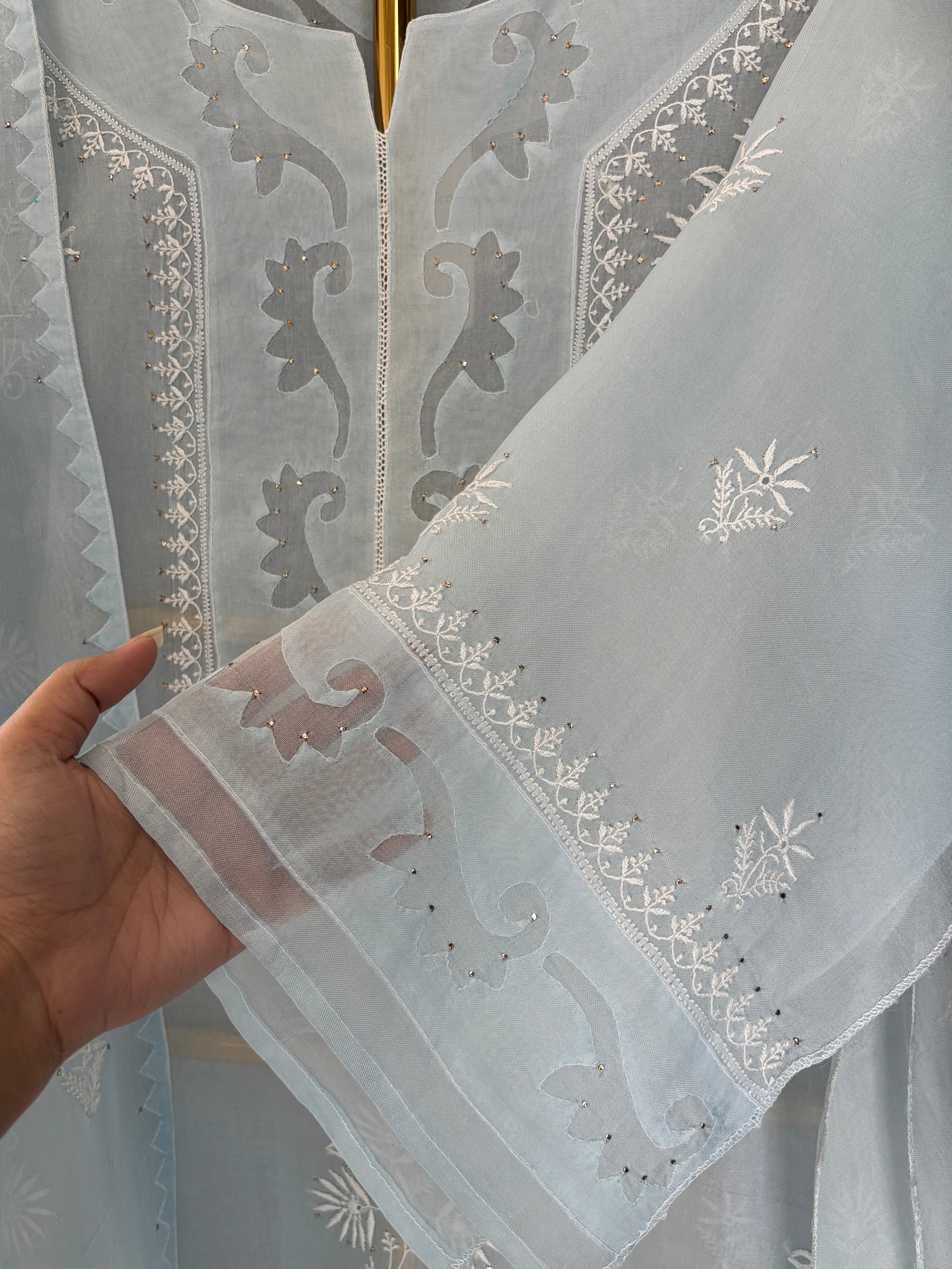 Sky Blue Organza Chikankari Kurta Set