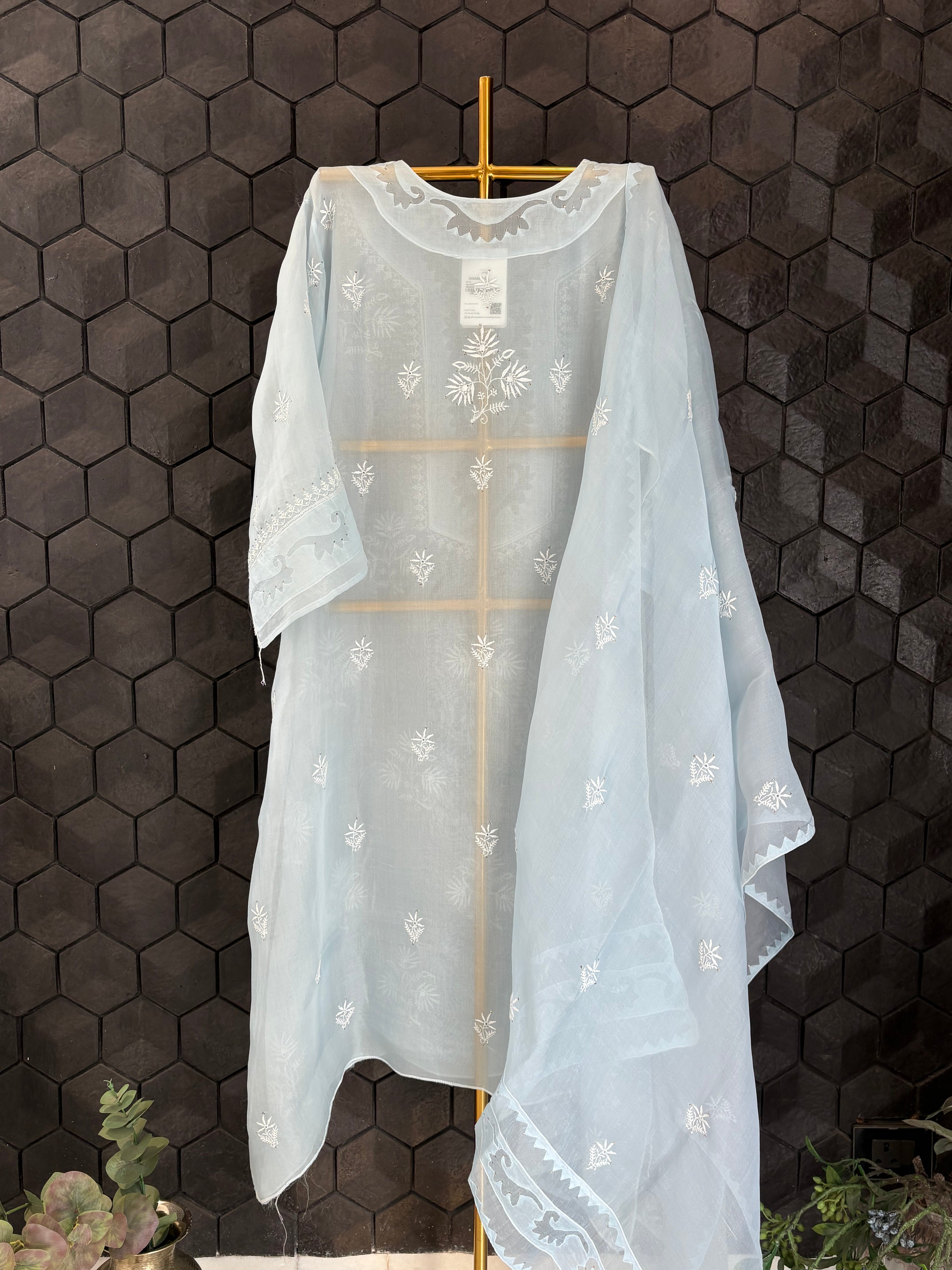 Sky Blue Organza Chikankari Kurta Set