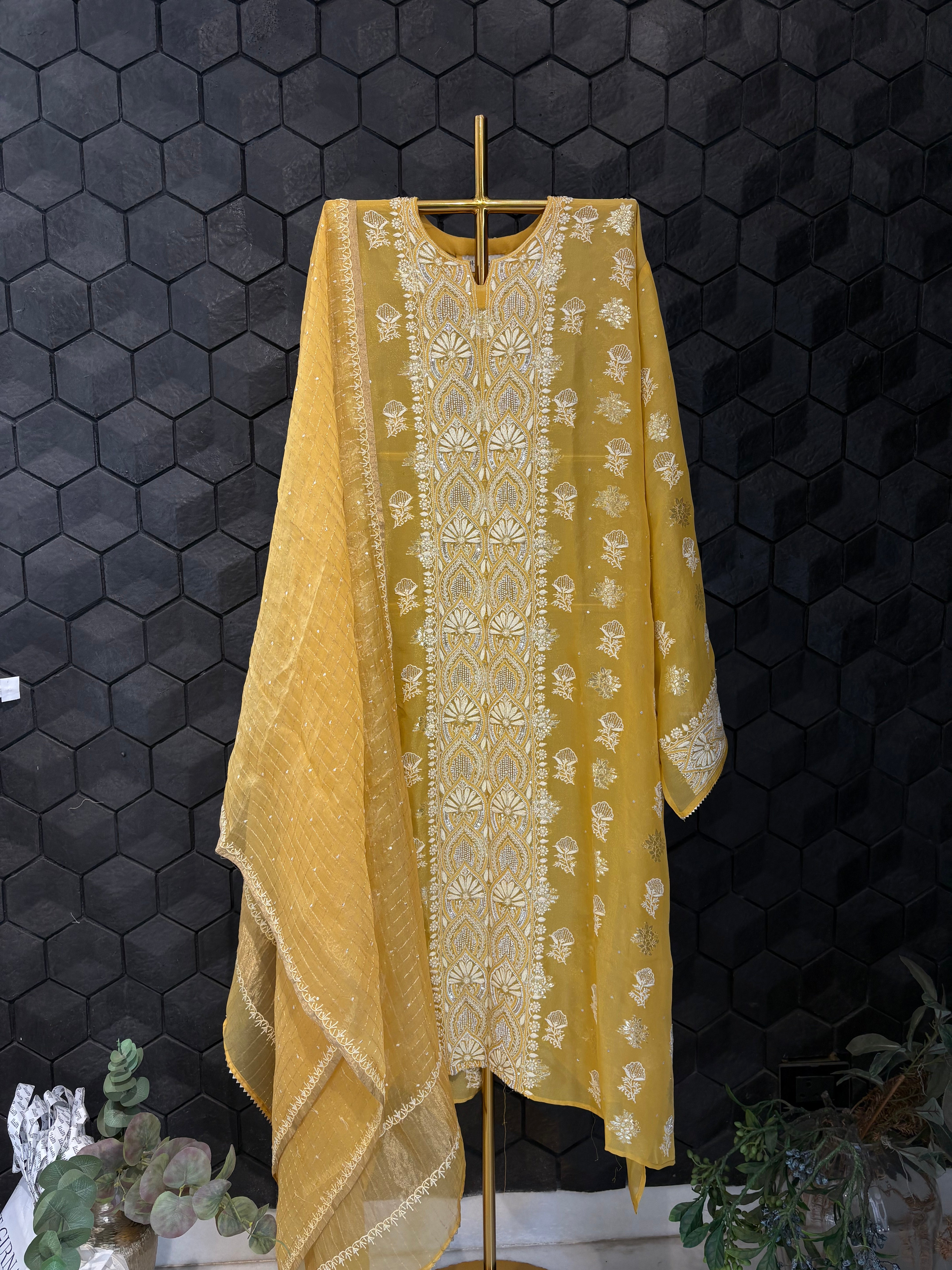 Mustard Organza Chikankari Kurta Set