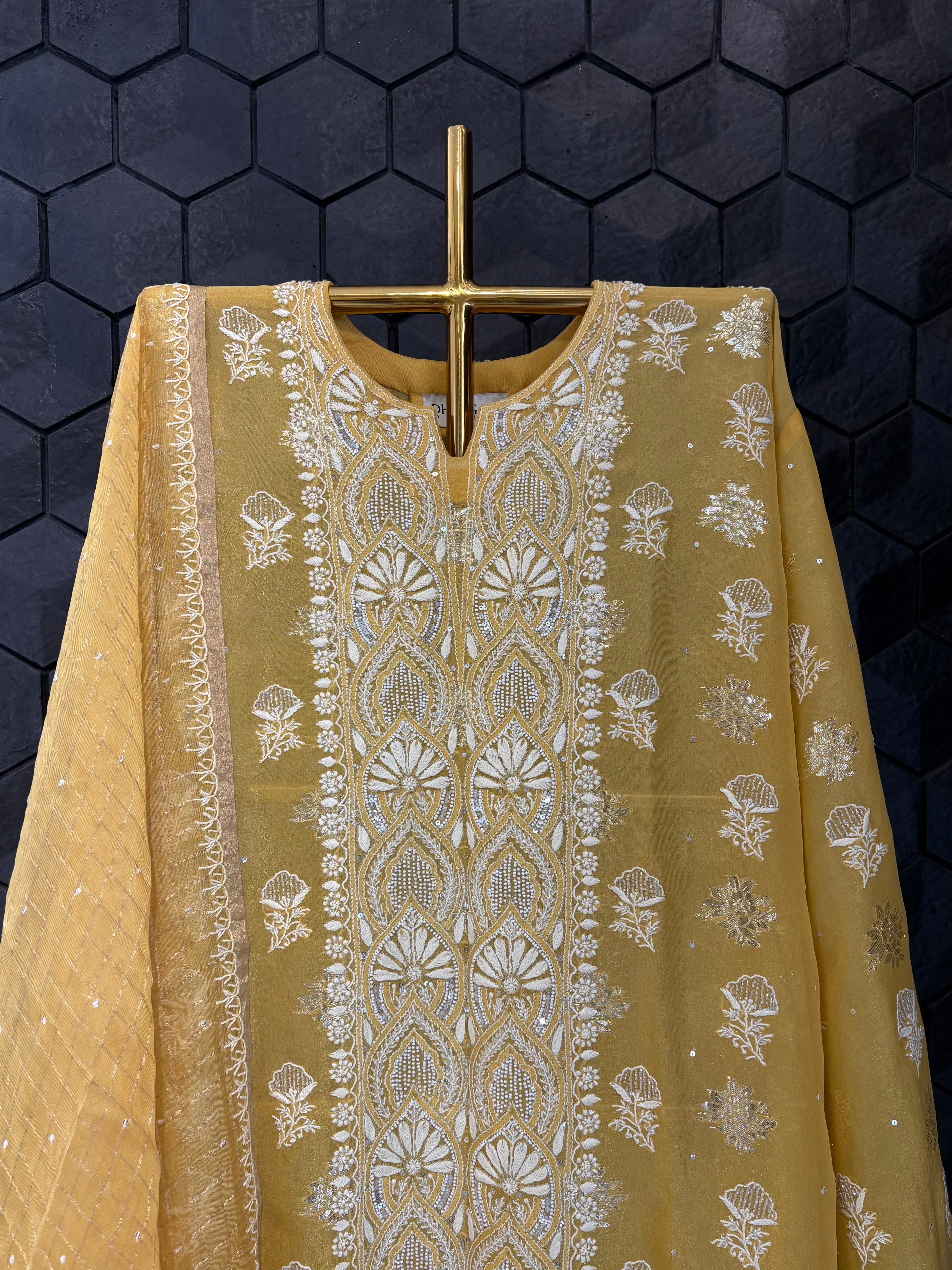 Mustard Organza Chikankari Kurta Set