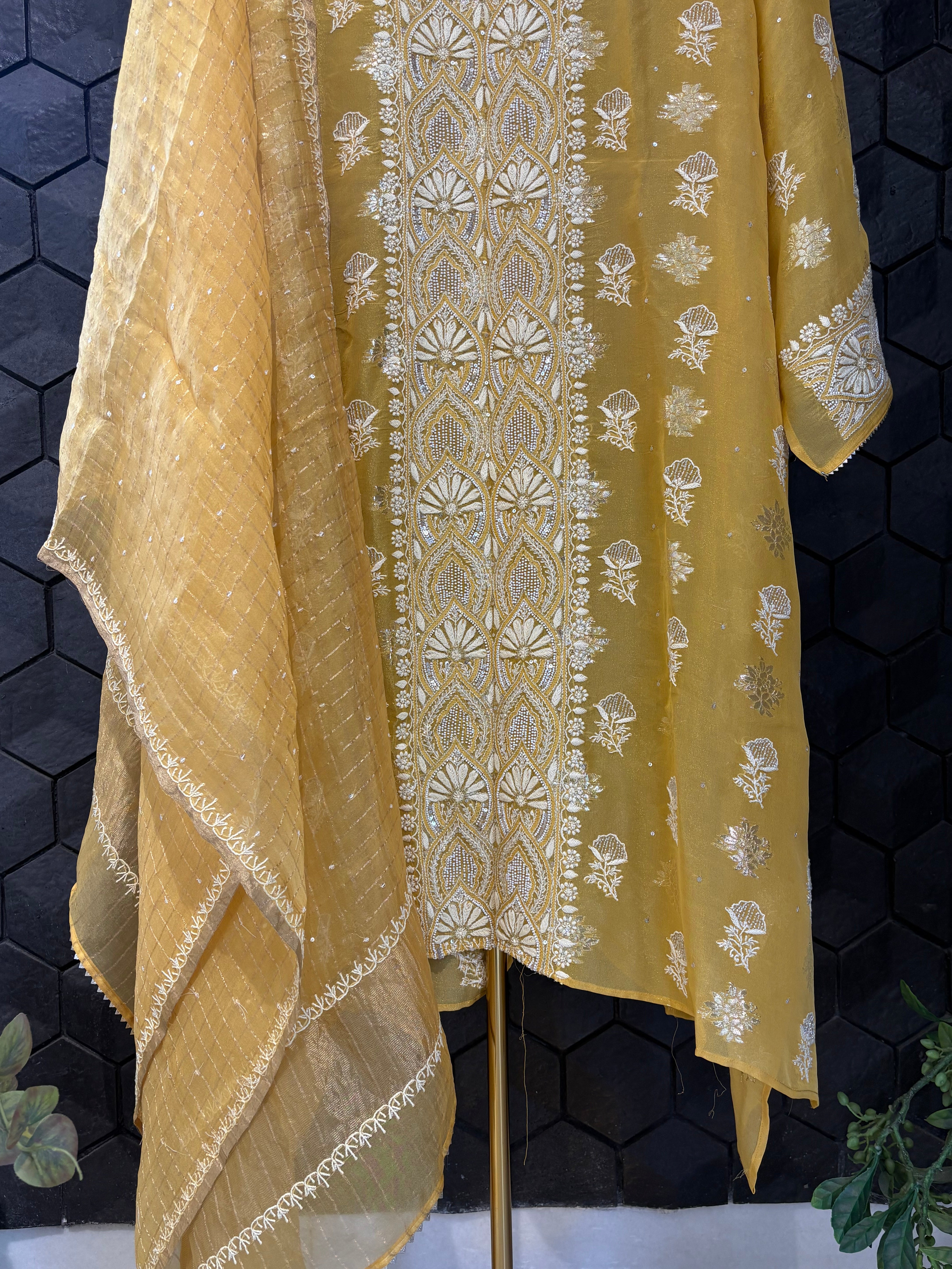 Mustard Organza Chikankari Kurta Set