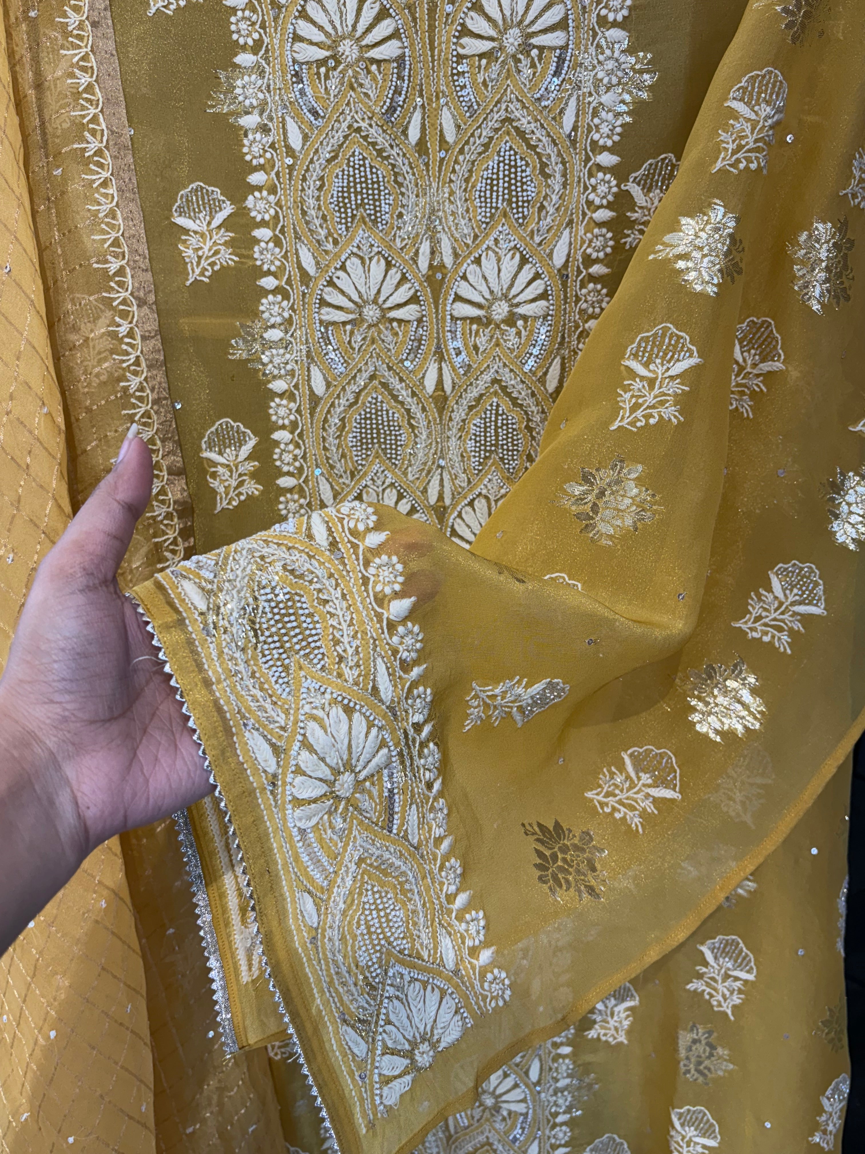 Mustard Organza Chikankari Kurta Set