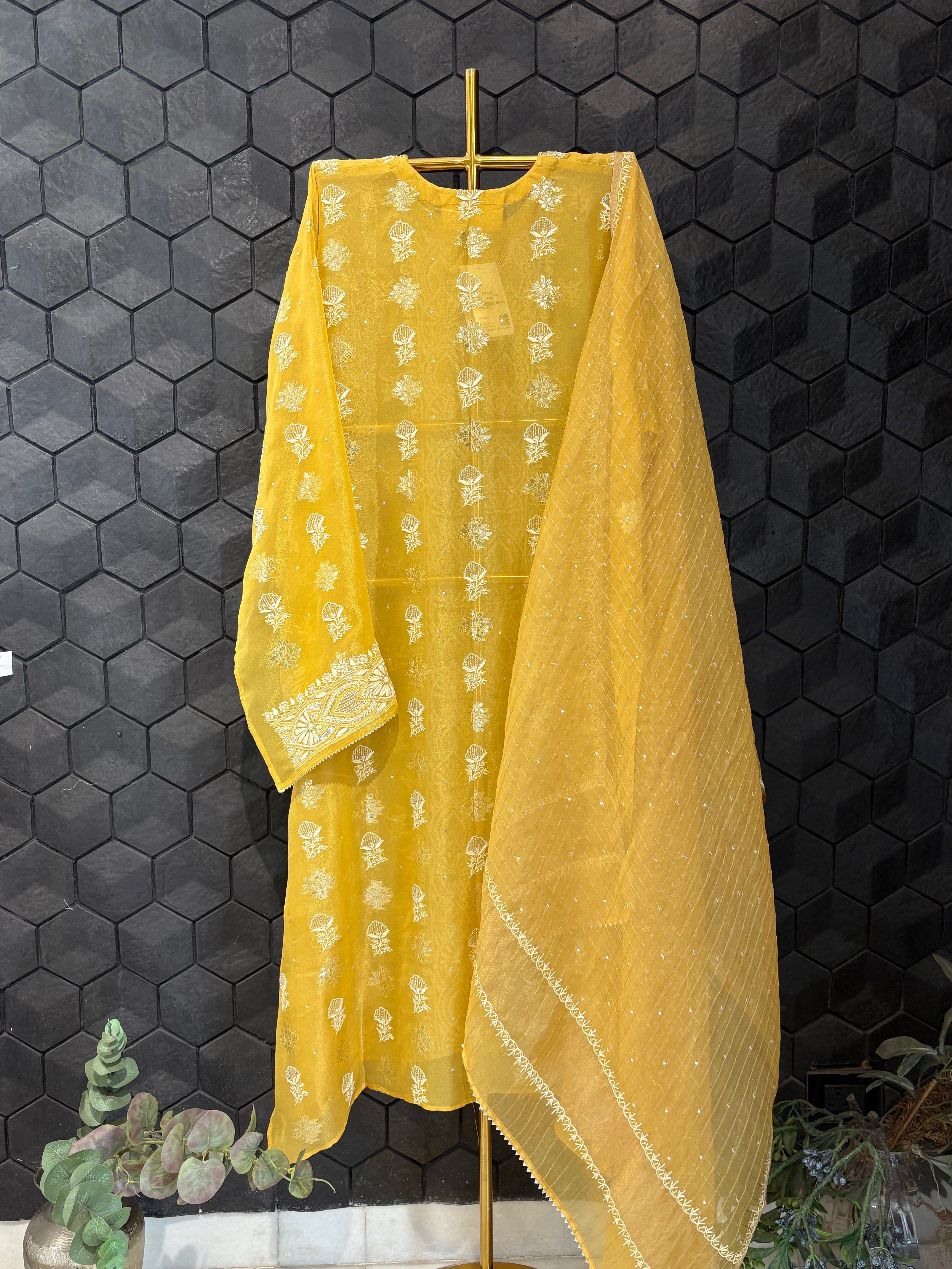 Mustard Organza Chikankari Kurta Set