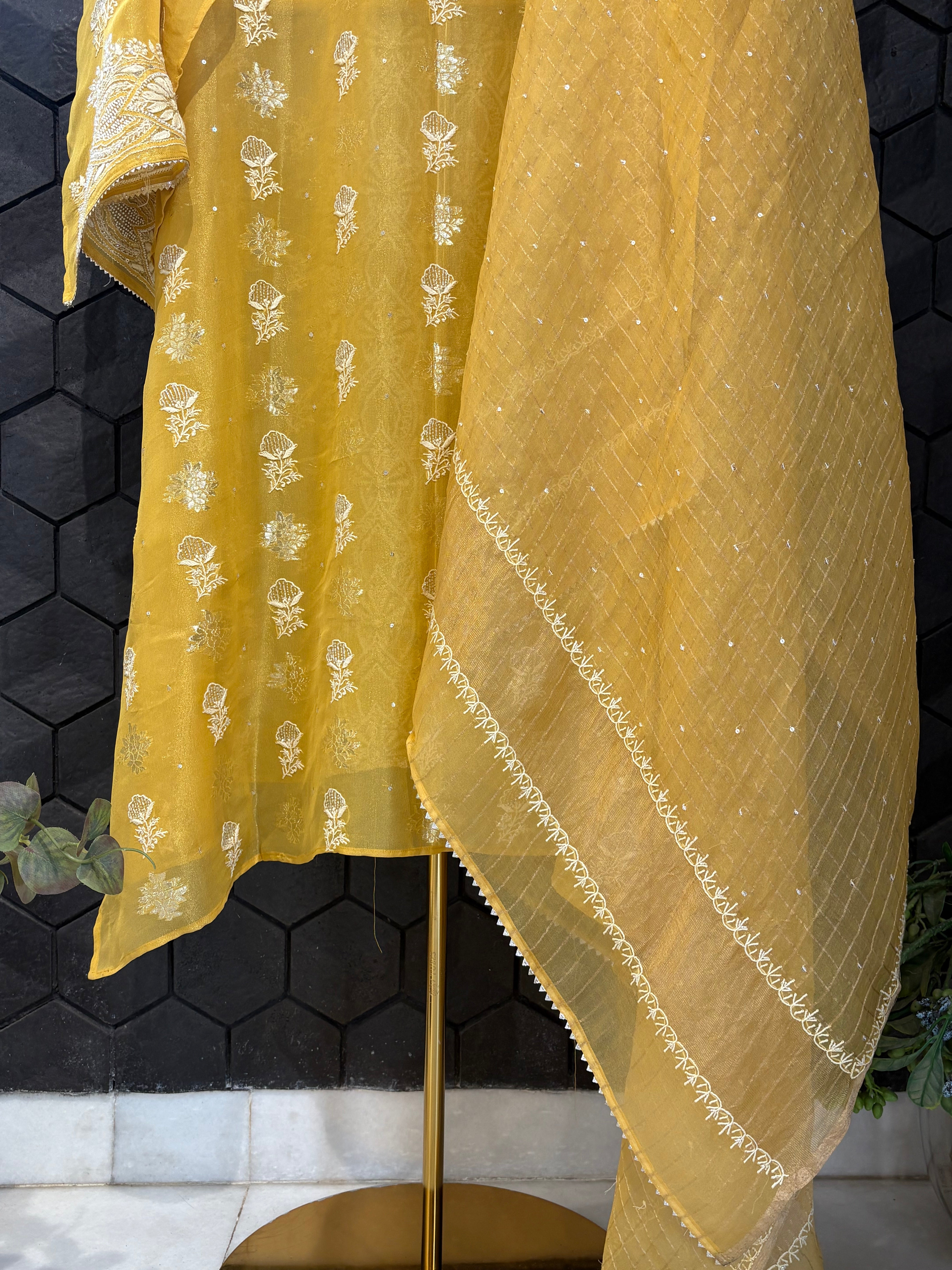 Mustard Organza Chikankari Kurta Set