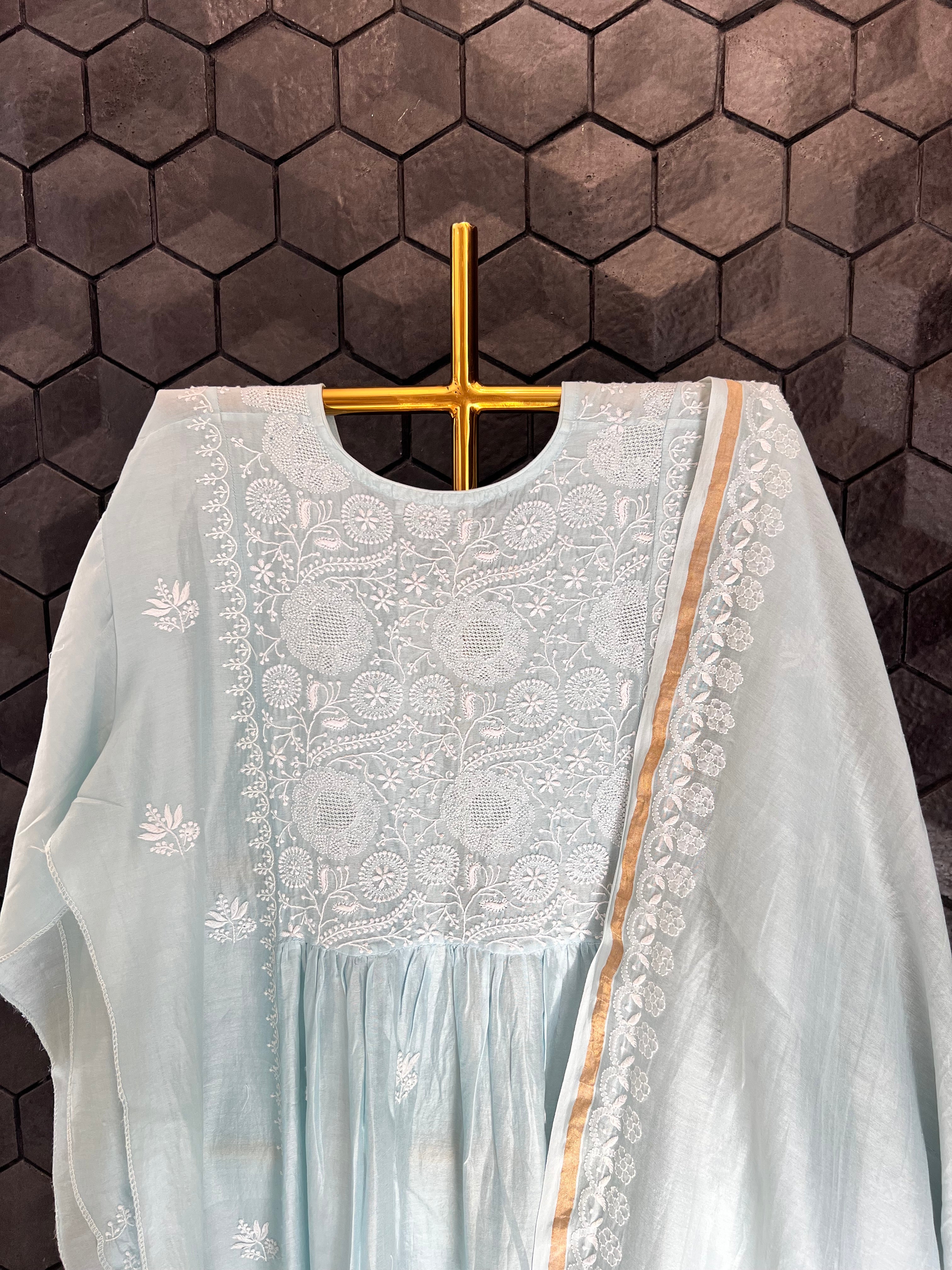 Sky Blue Chanderi Angarkha Chikankari Kurta Set