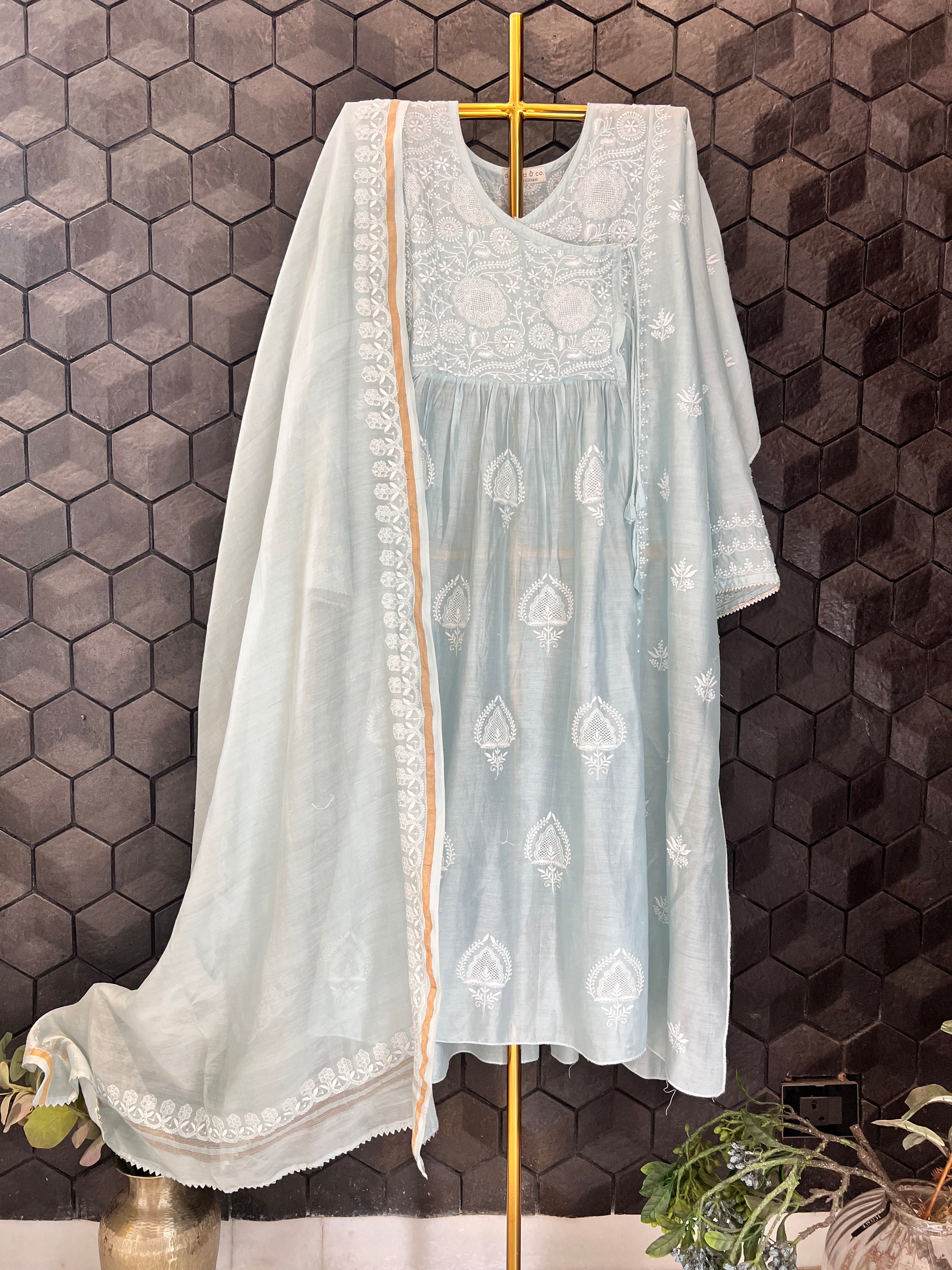 Sky Blue Chanderi Angarkha Chikankari Kurta Set