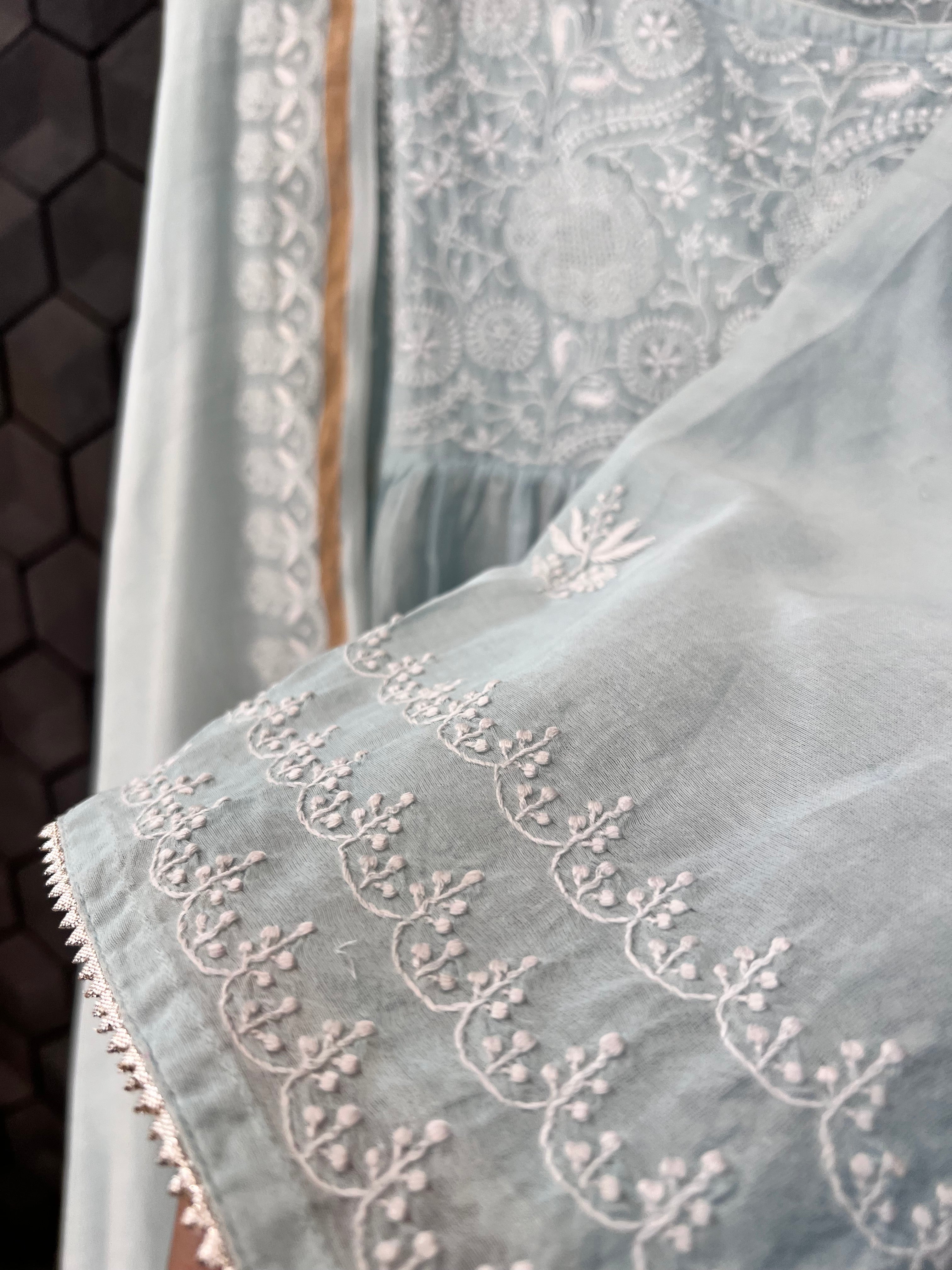 Sky Blue Chanderi Angarkha Chikankari Kurta Set