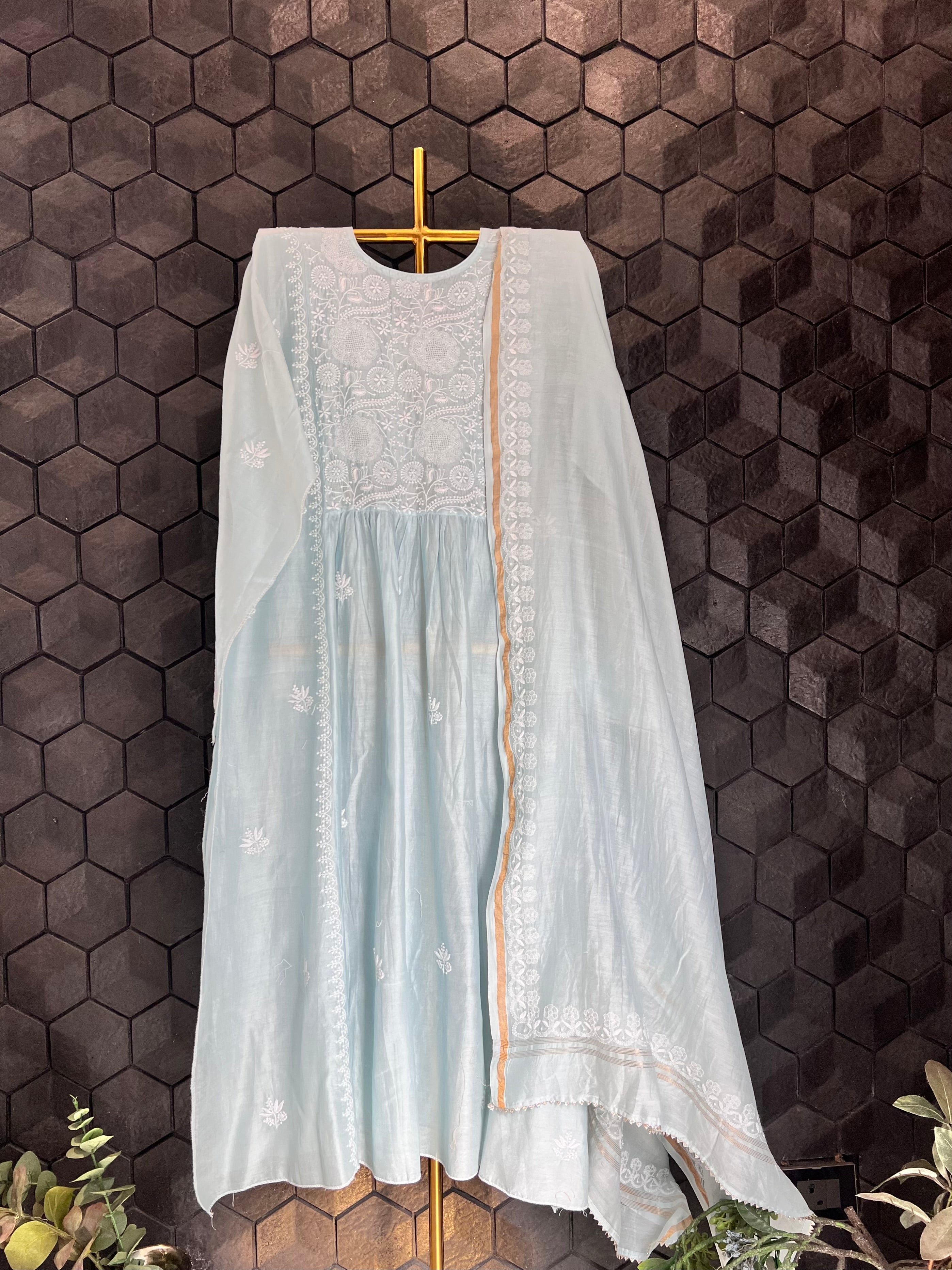 Sky Blue Chanderi Angarkha Chikankari Kurta Set