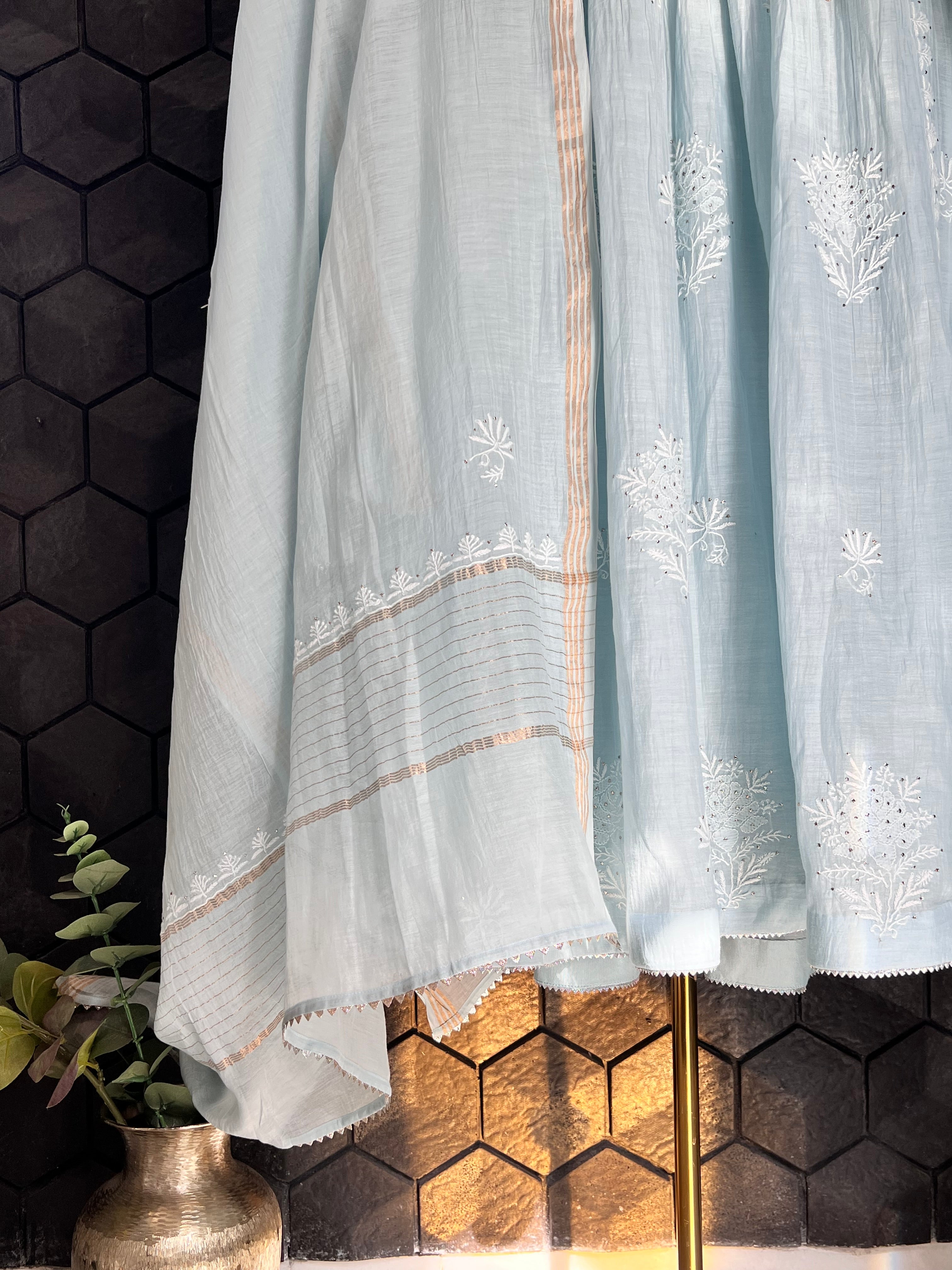 Sky Blue Chanderi Angarkha Chikankari Kurta Set