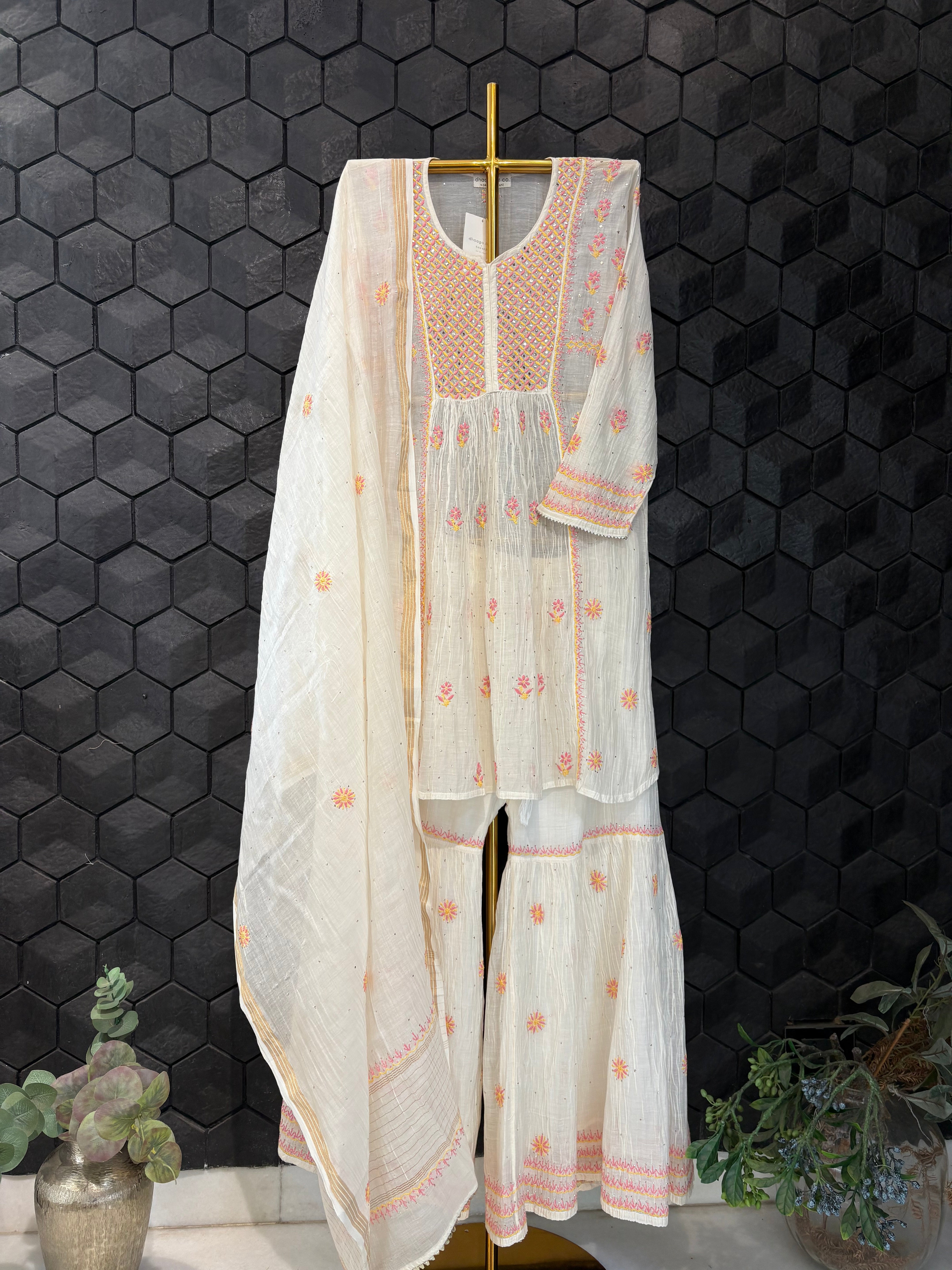 Multi Thread Mul Chanderi Chikankari Garara Set