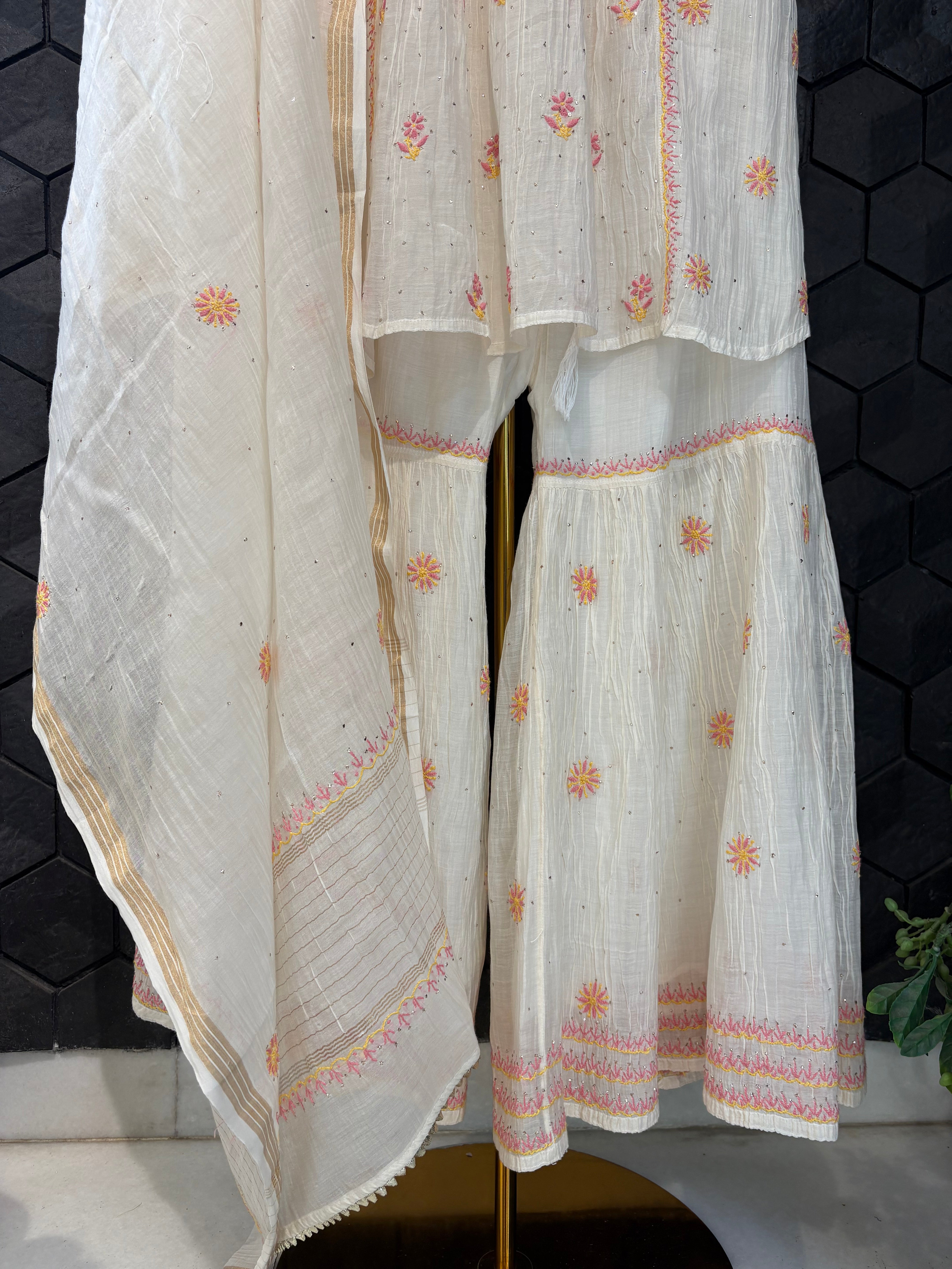Multi Thread Mul Chanderi Chikankari Garara Set